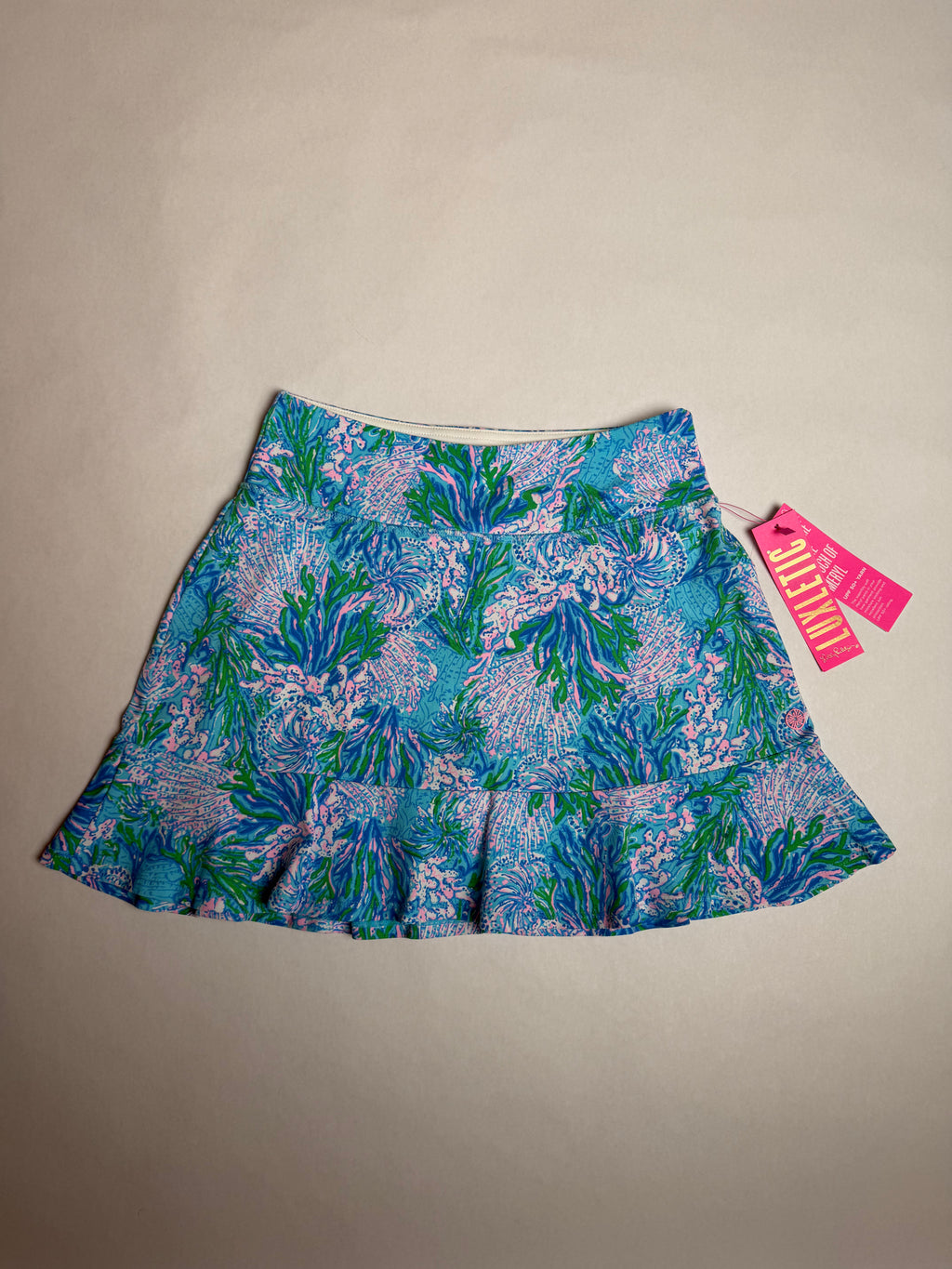 Lilly Pulitzer Luxletic Aila Skort, blue coral print, front with hangtag