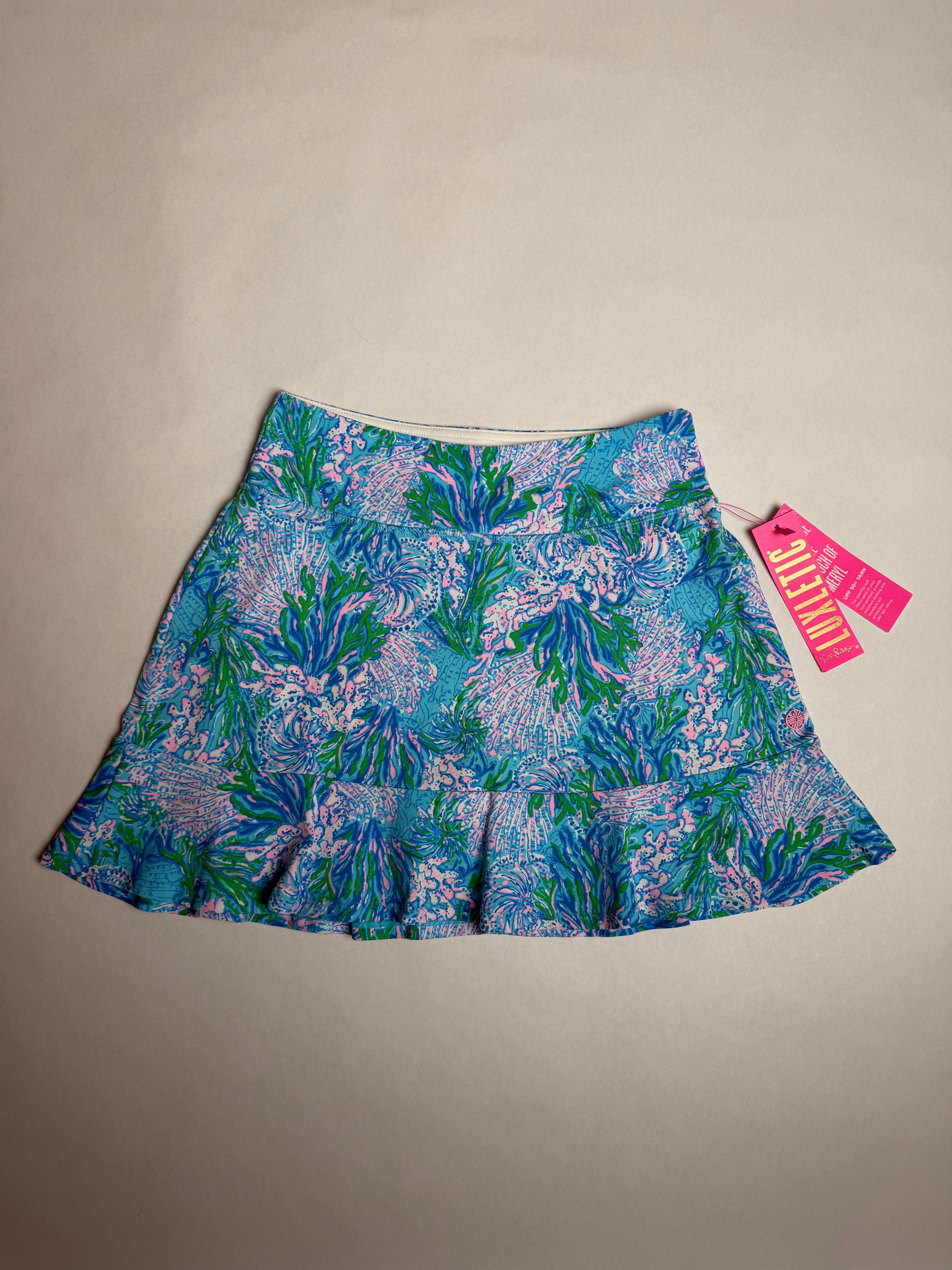 Lilly Pulitzer Luxletic Aila Skort, blue coral print, front with hangtag