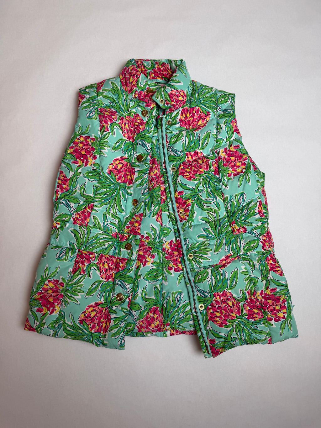 Lilly Pulitzer Spike the Punch Lauren Down Vest, mint with pink pineapples, front