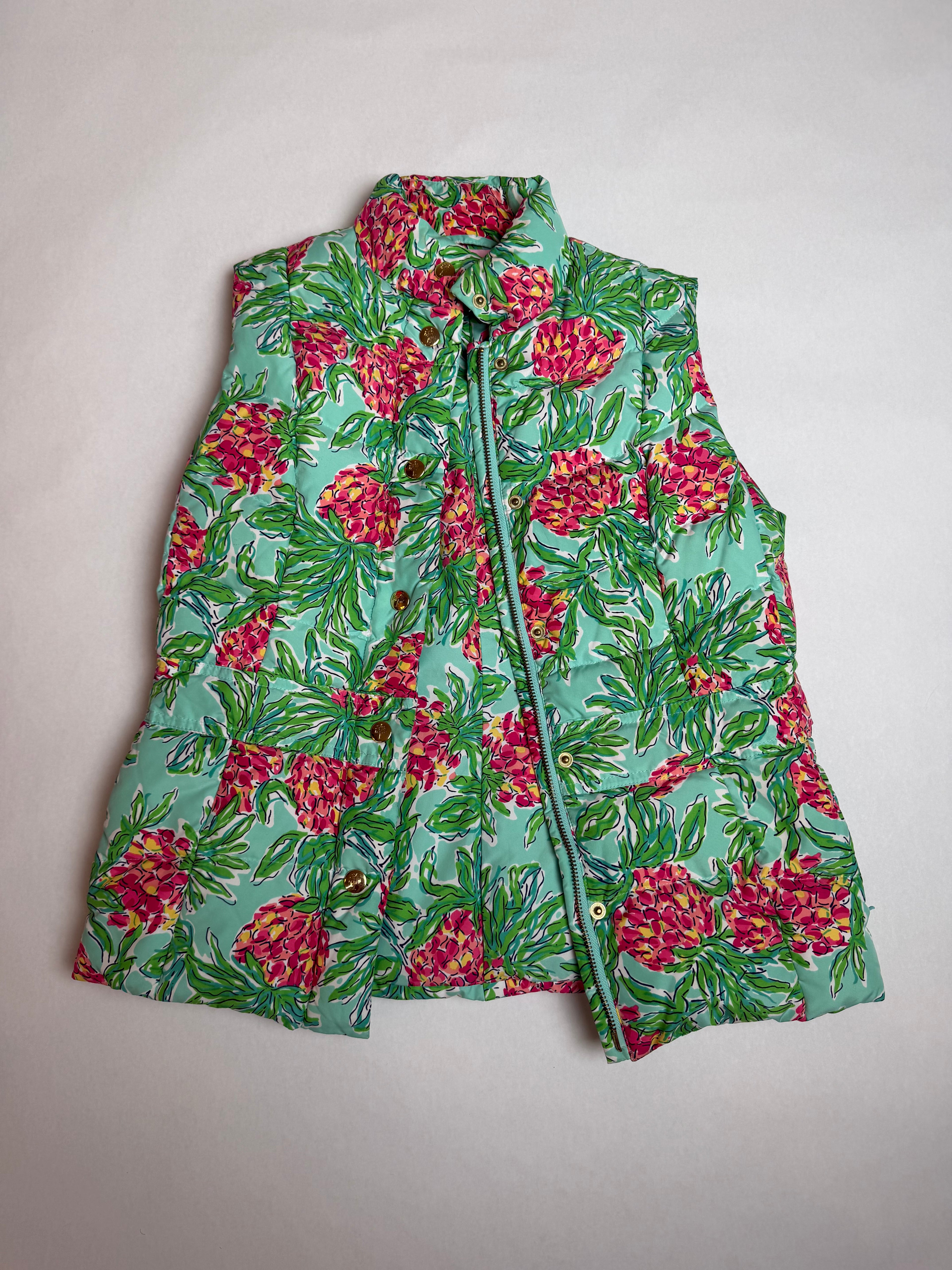 Lilly Pulitzer Spike the Punch Lauren Down Vest, mint with pink pineapples, front
