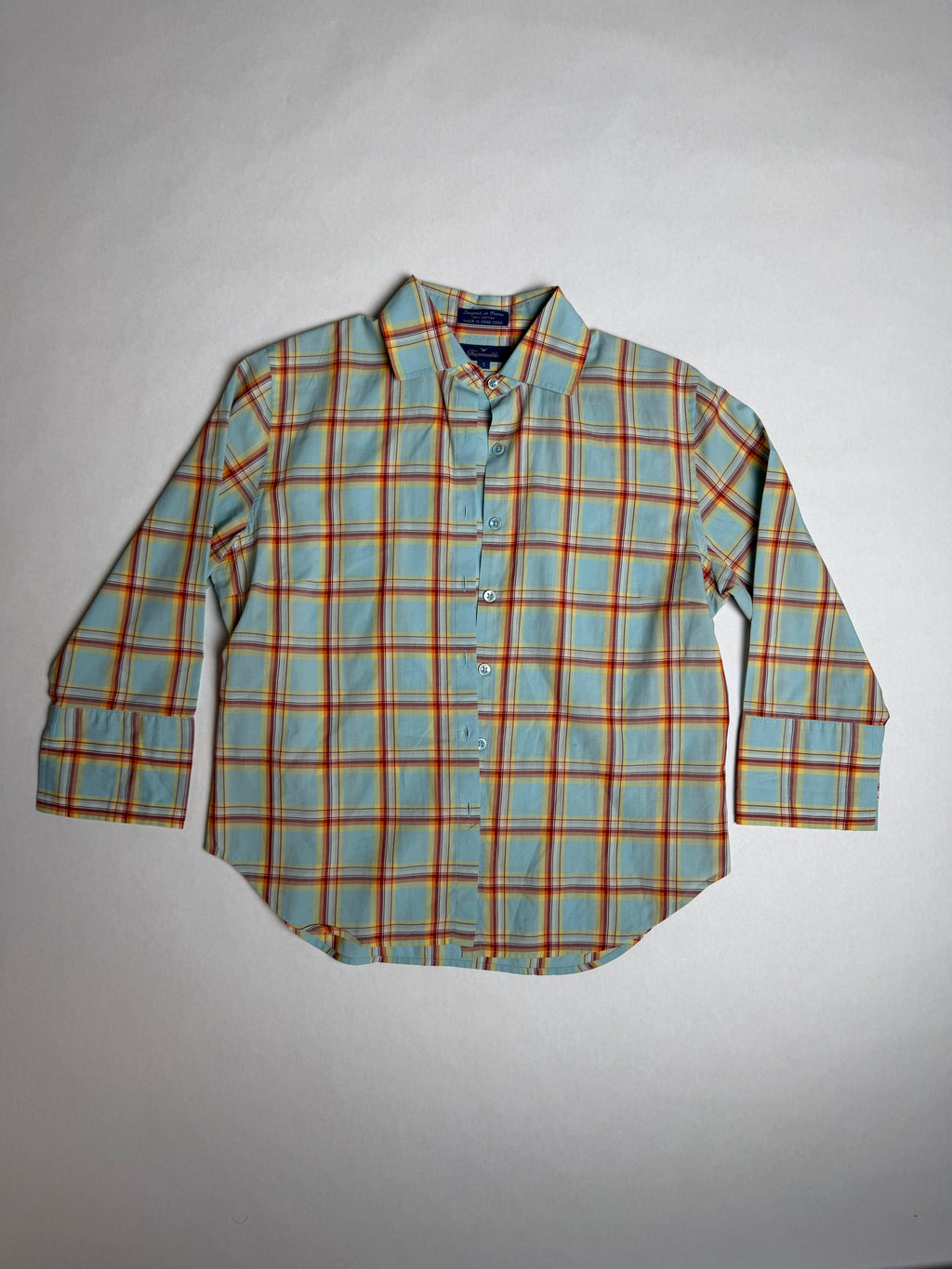 Faconnable sky and saffron plaid cotton button-up, front
