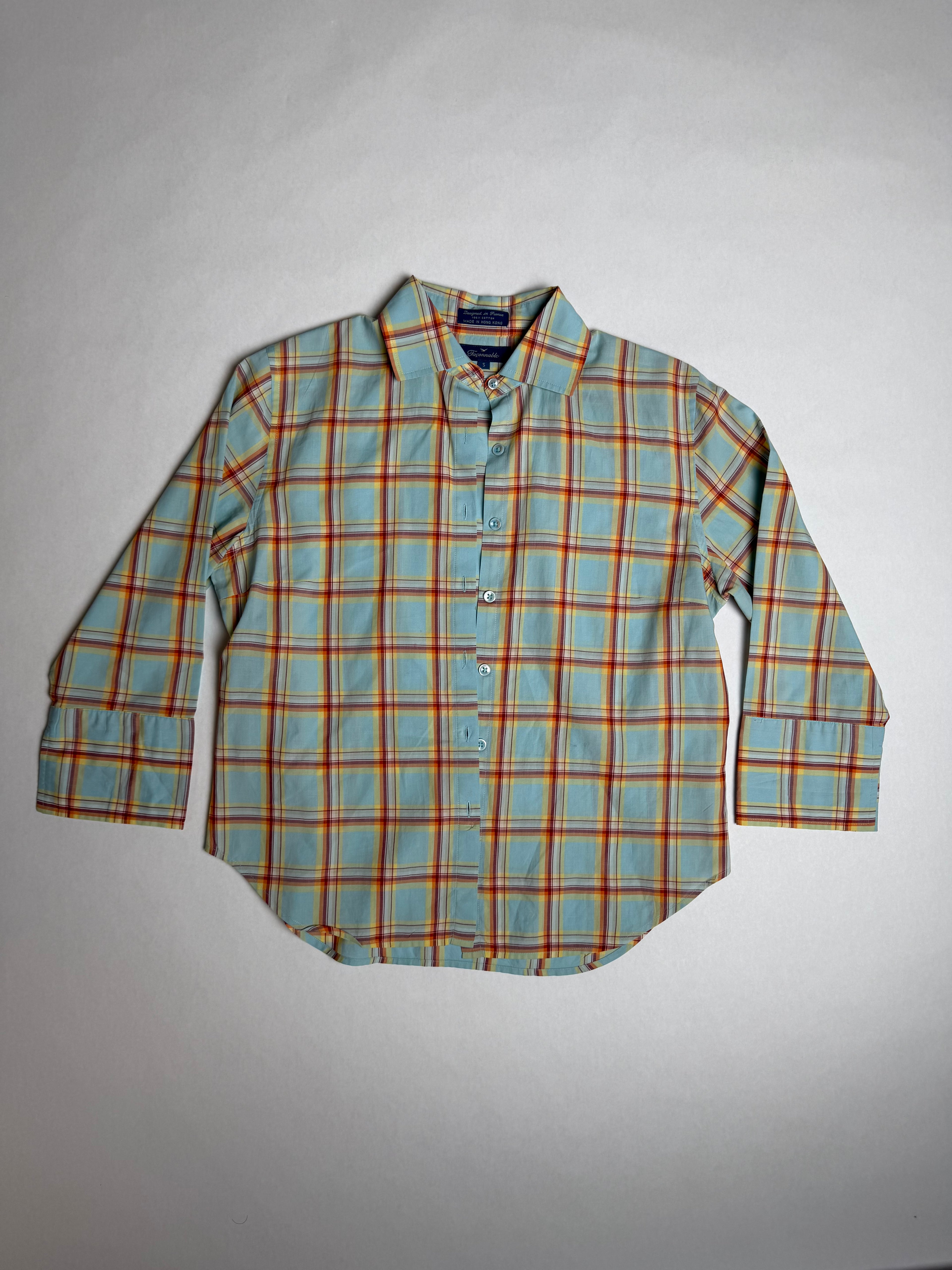 Faconnable sky and saffron plaid cotton button-up, front