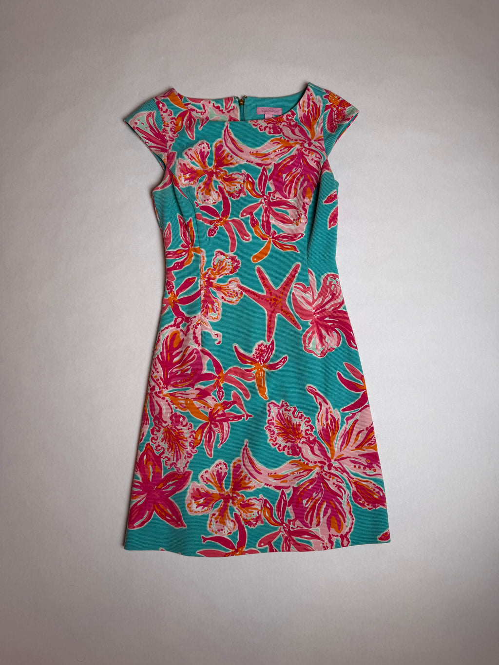 Lilly Pulitzer turquoise sheath dress with starfish and orchid print