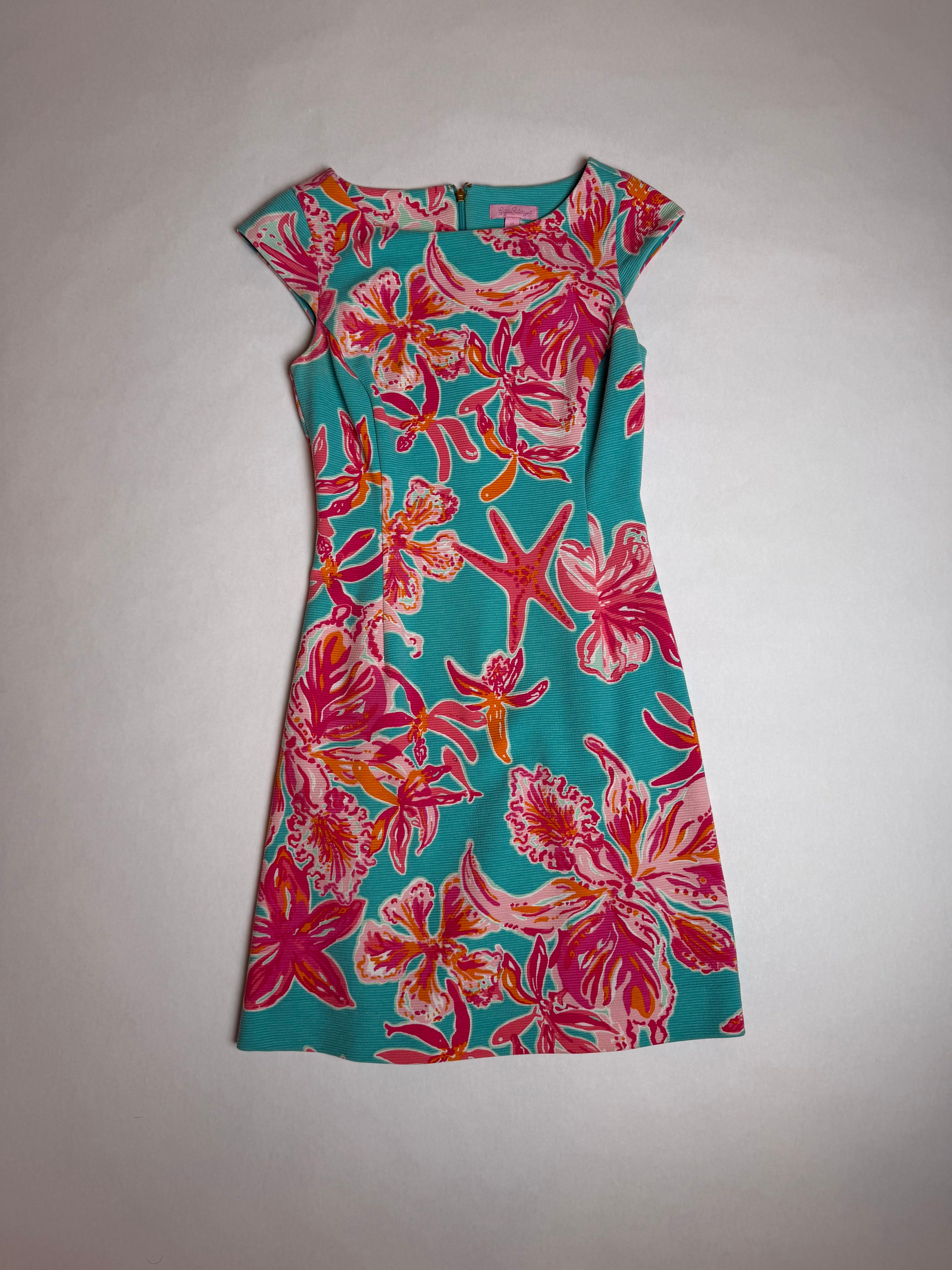 Lilly Pulitzer turquoise sheath dress with starfish and orchid print