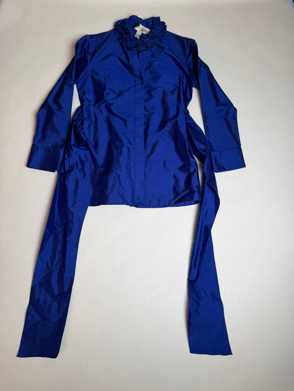 Sara Campbell royal blue taffeta ruffle-collar blouse with side ties