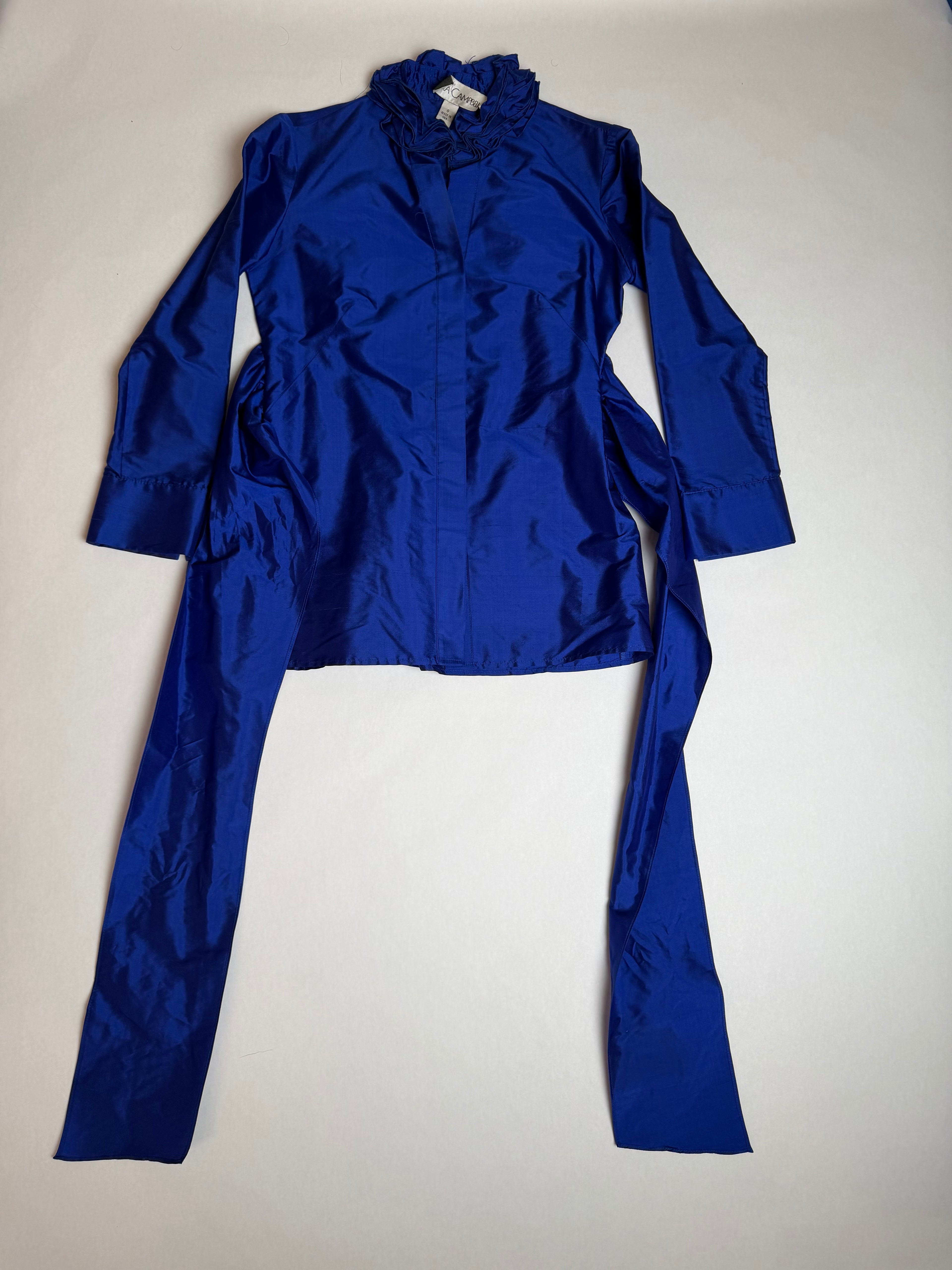 Sara Campbell royal blue taffeta ruffle-collar blouse with side ties