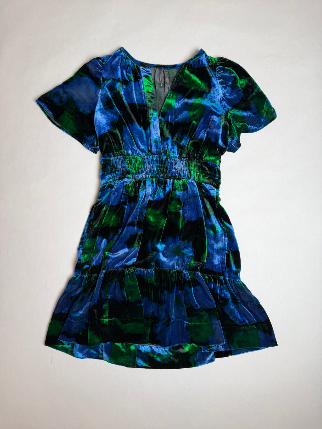 Anthropologie blue and green velvet mini dress with smocked waist