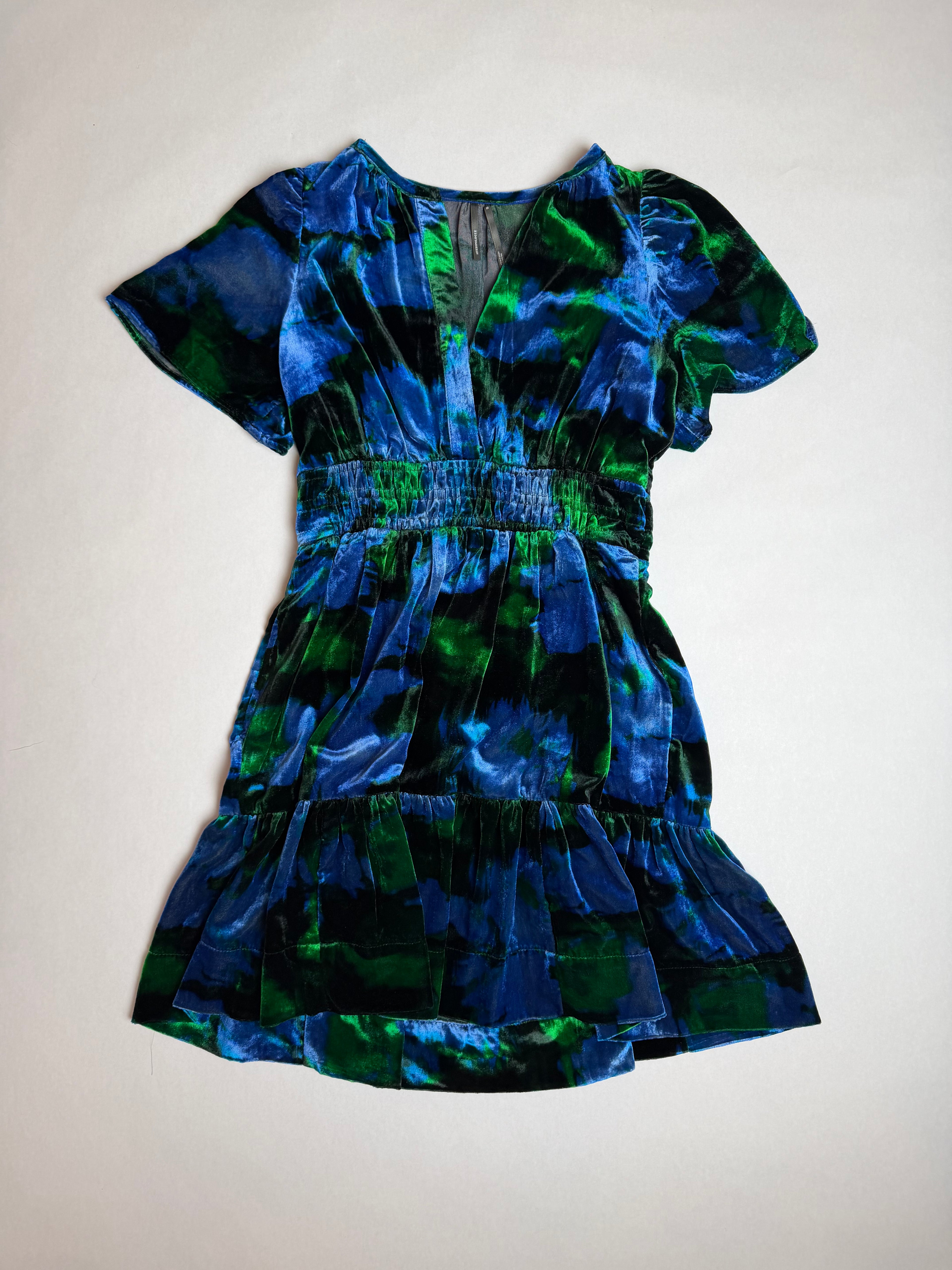 Anthropologie blue and green velvet mini dress with smocked waist