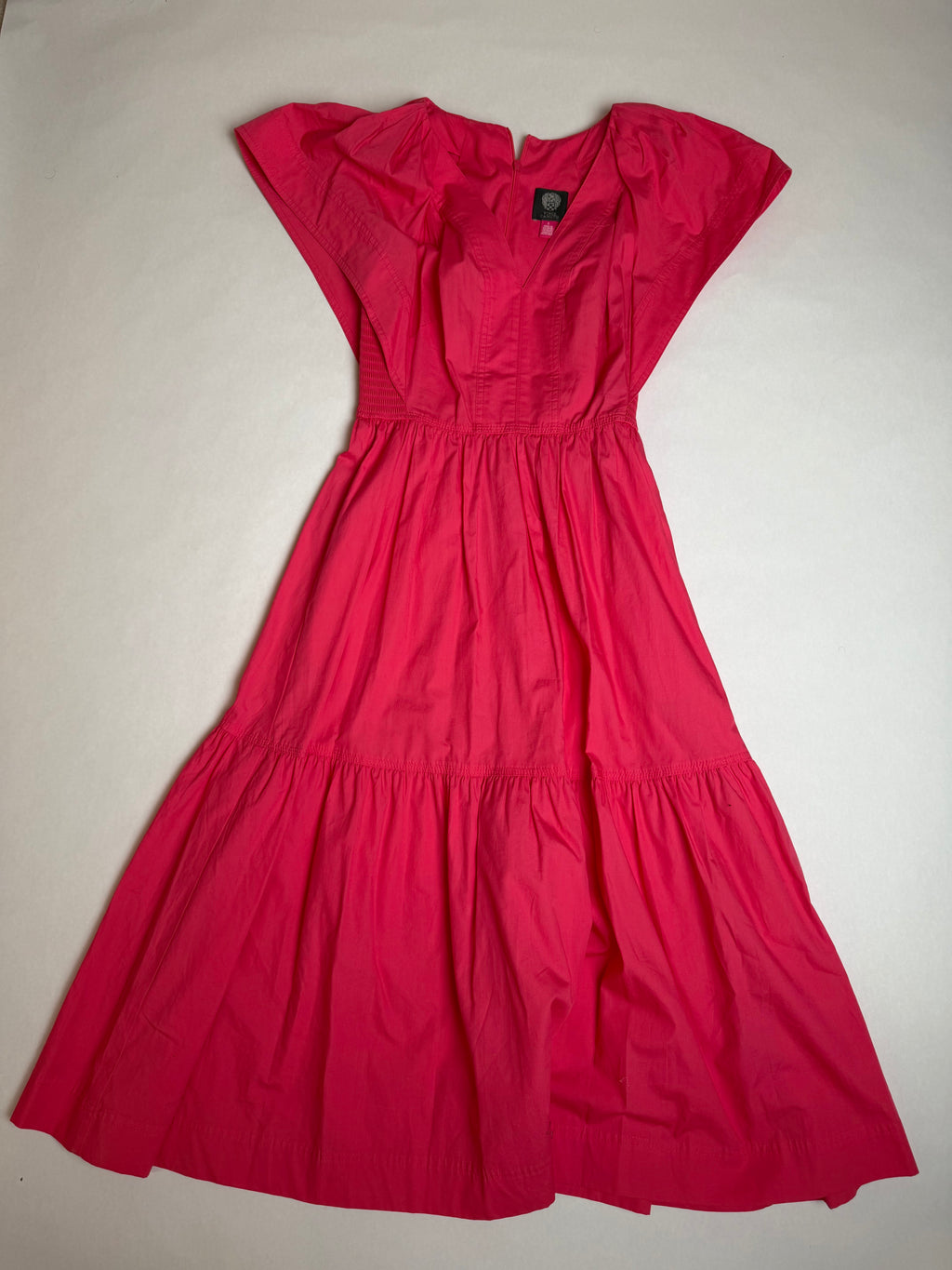 Vince Camuto coral tiered midi dress, front