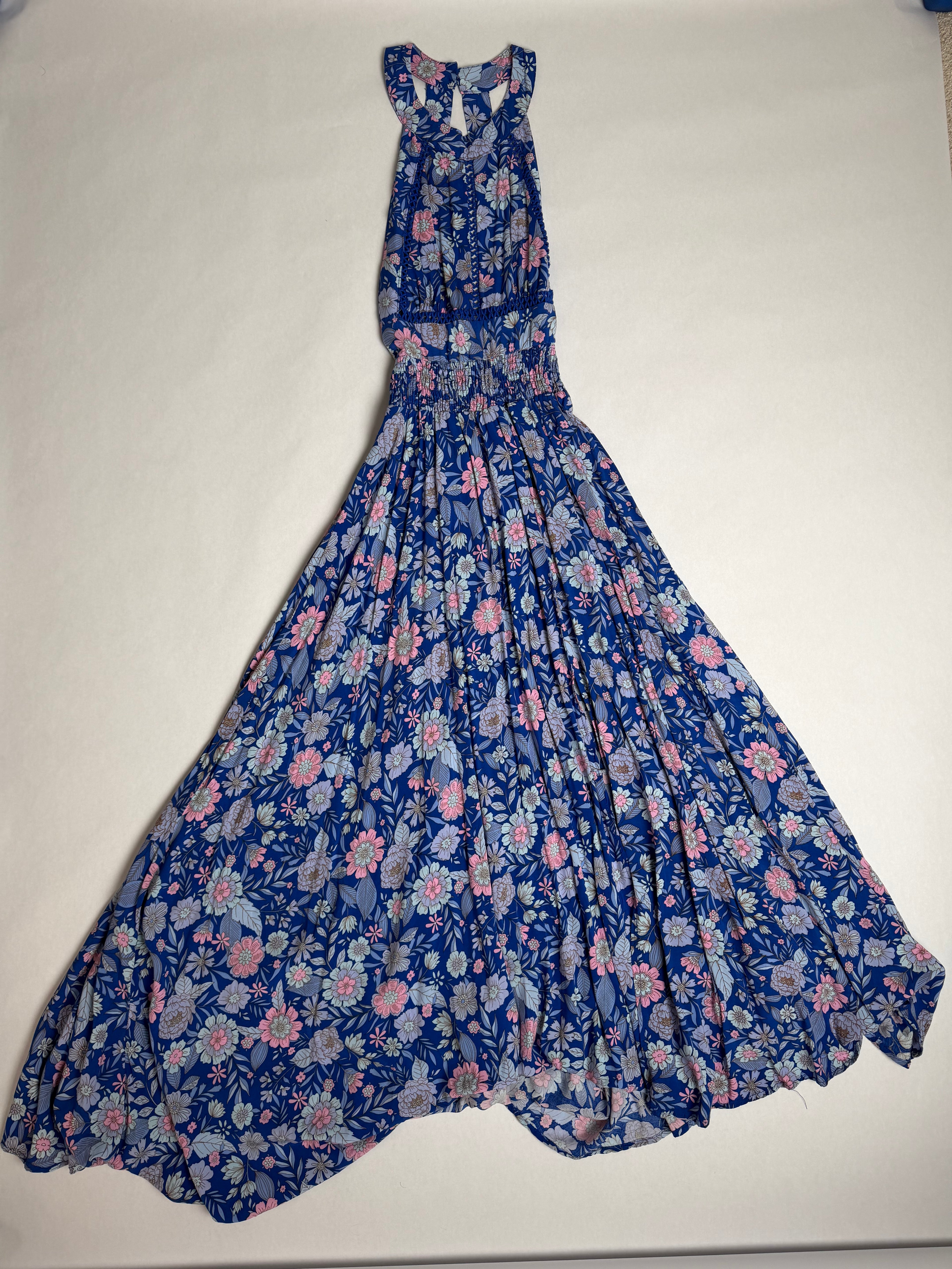 Abel The Label blue floral smocked midi dress — front