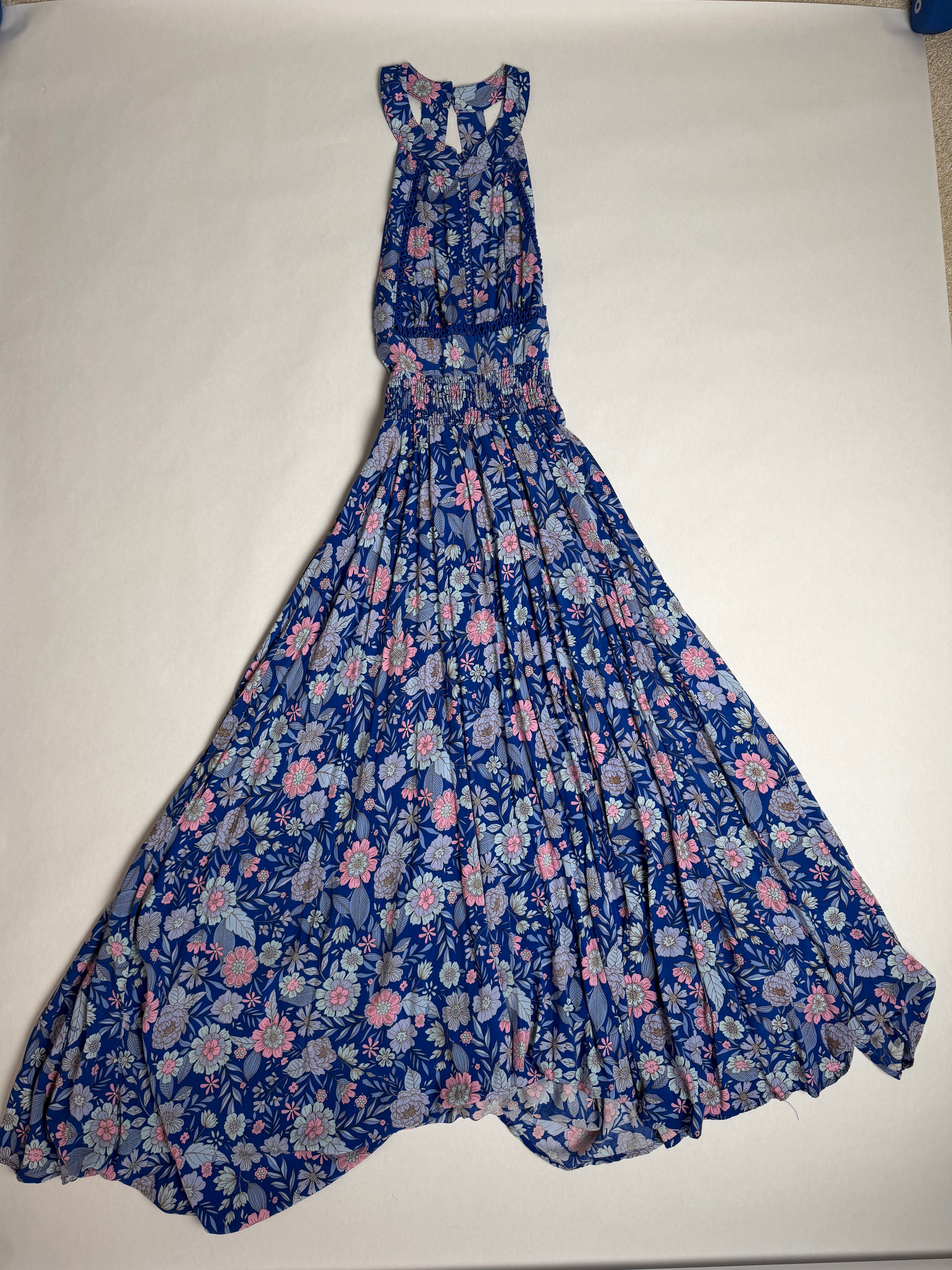 Abel The Label blue floral smocked midi dress — back
