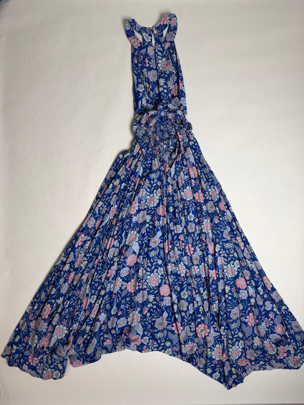 Abel The Label blue floral smocked midi dress — on hanger