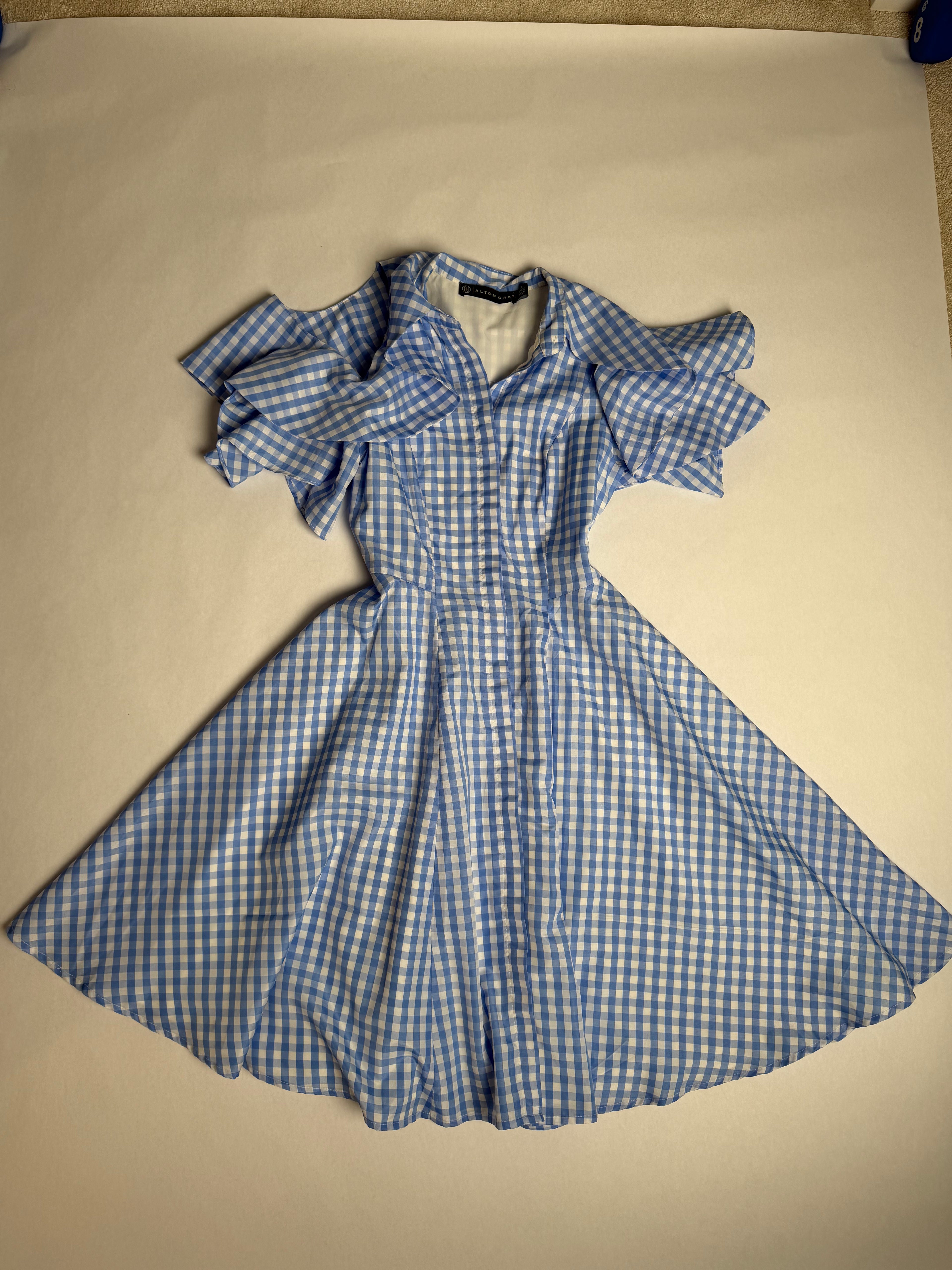 Alton Gray blue gingham cold-shoulder fit-and-flare dress — back