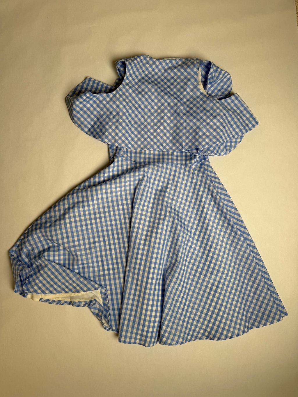 Alton Gray blue gingham cold-shoulder fit-and-flare dress — bodice detail
