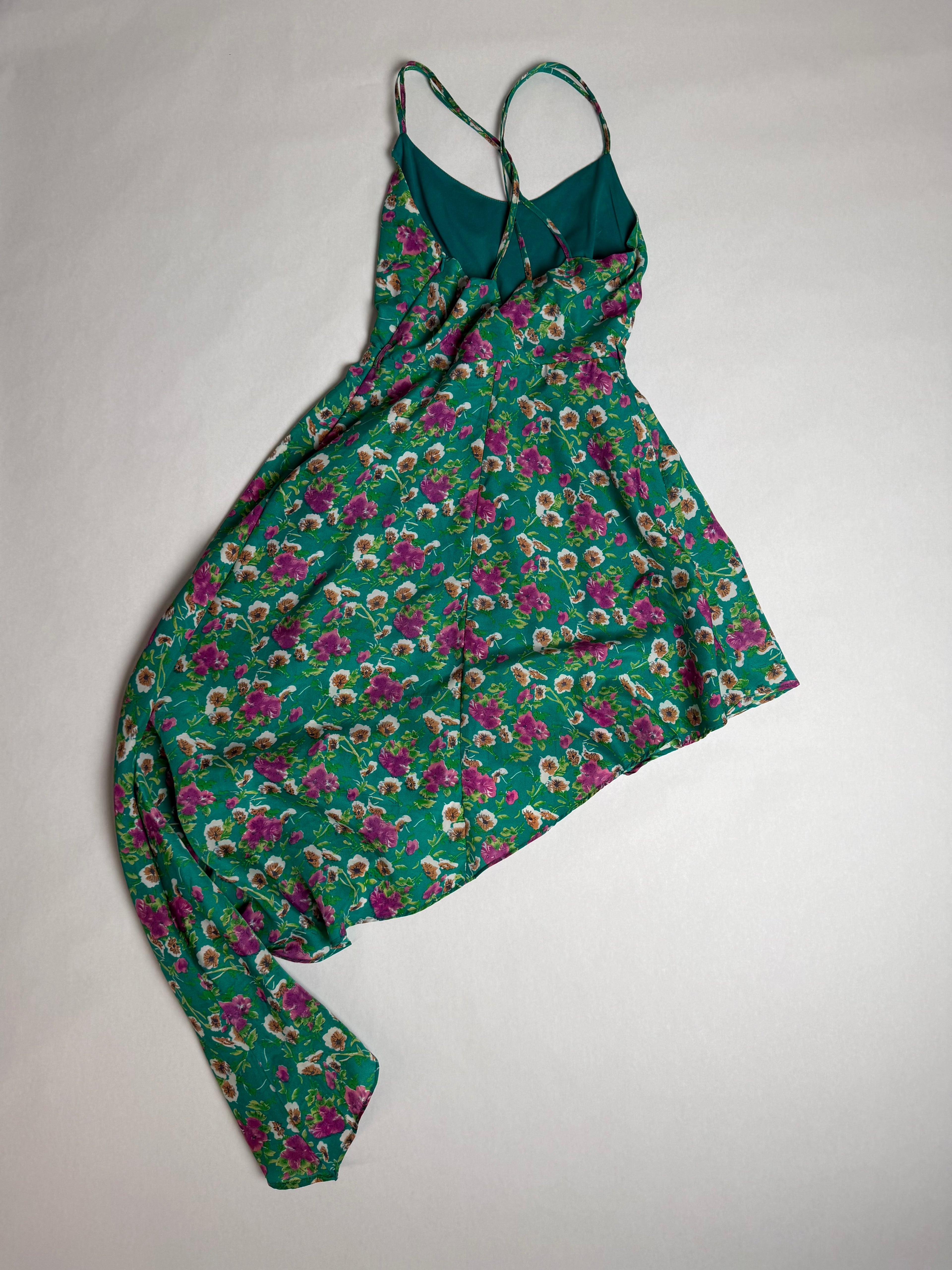 Goddess Wing green floral handkerchief slip dress — back