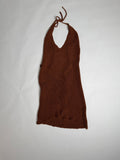 Cognac crochet knit halter mini dress — front