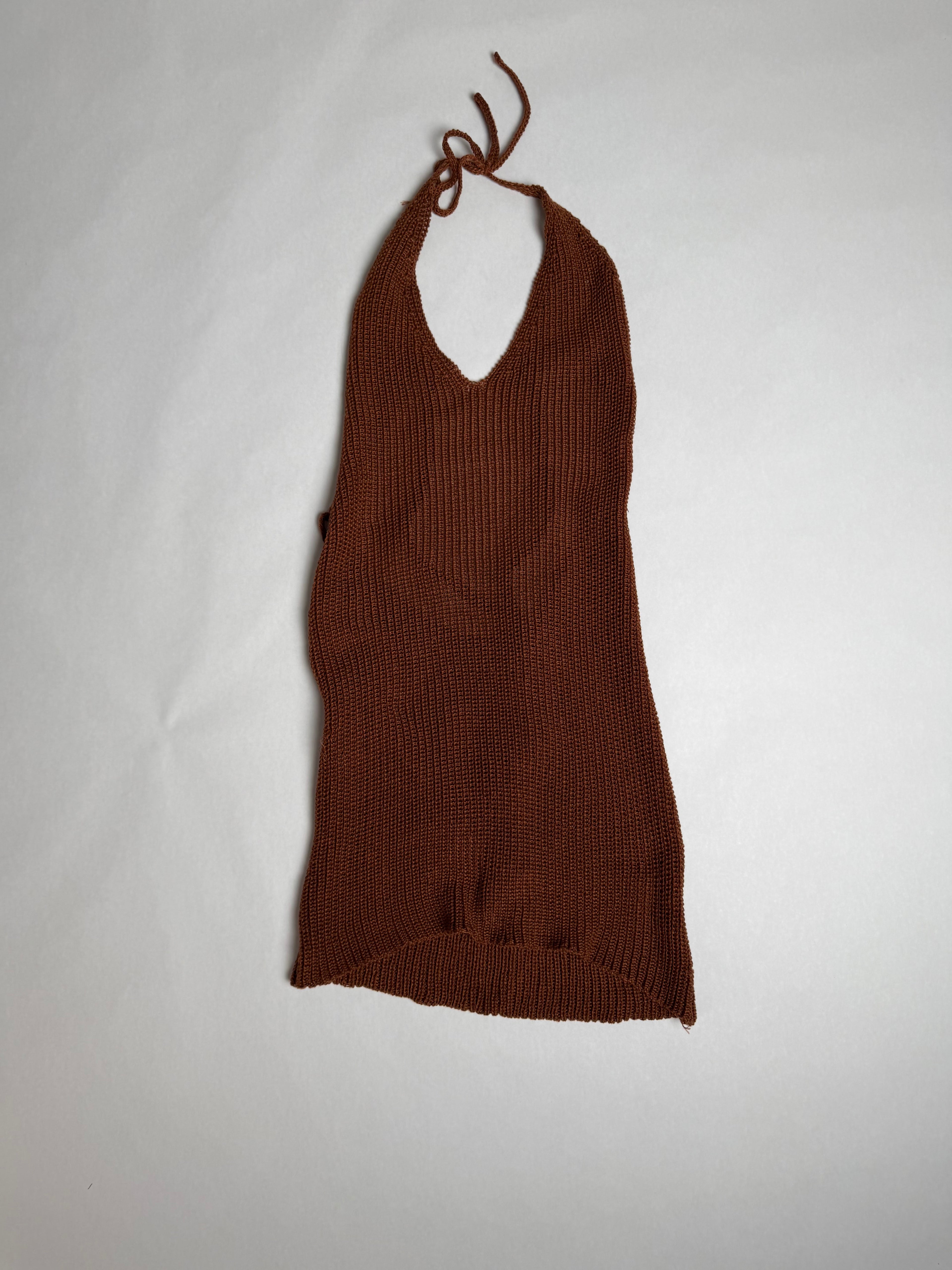 Cognac crochet knit halter mini dress — front