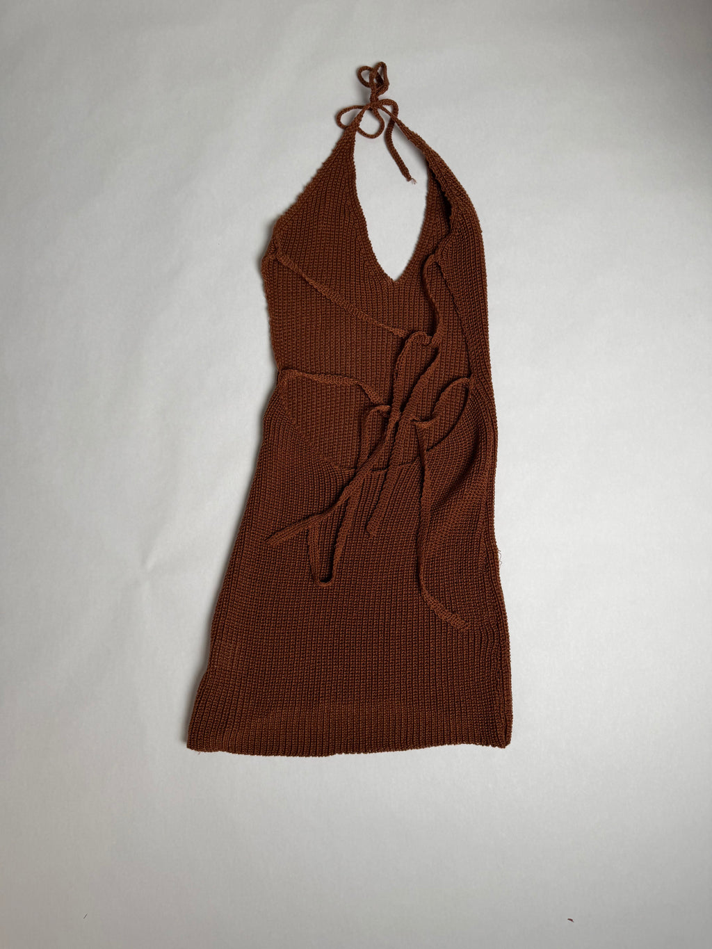 Cognac crochet knit halter mini dress — back lace-up