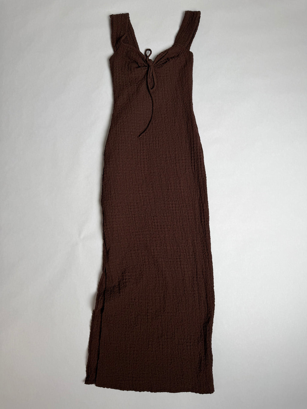 See You Monday chocolate brown smocked bodycon midi dress — front