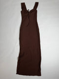 See You Monday chocolate brown smocked bodycon midi dress — front