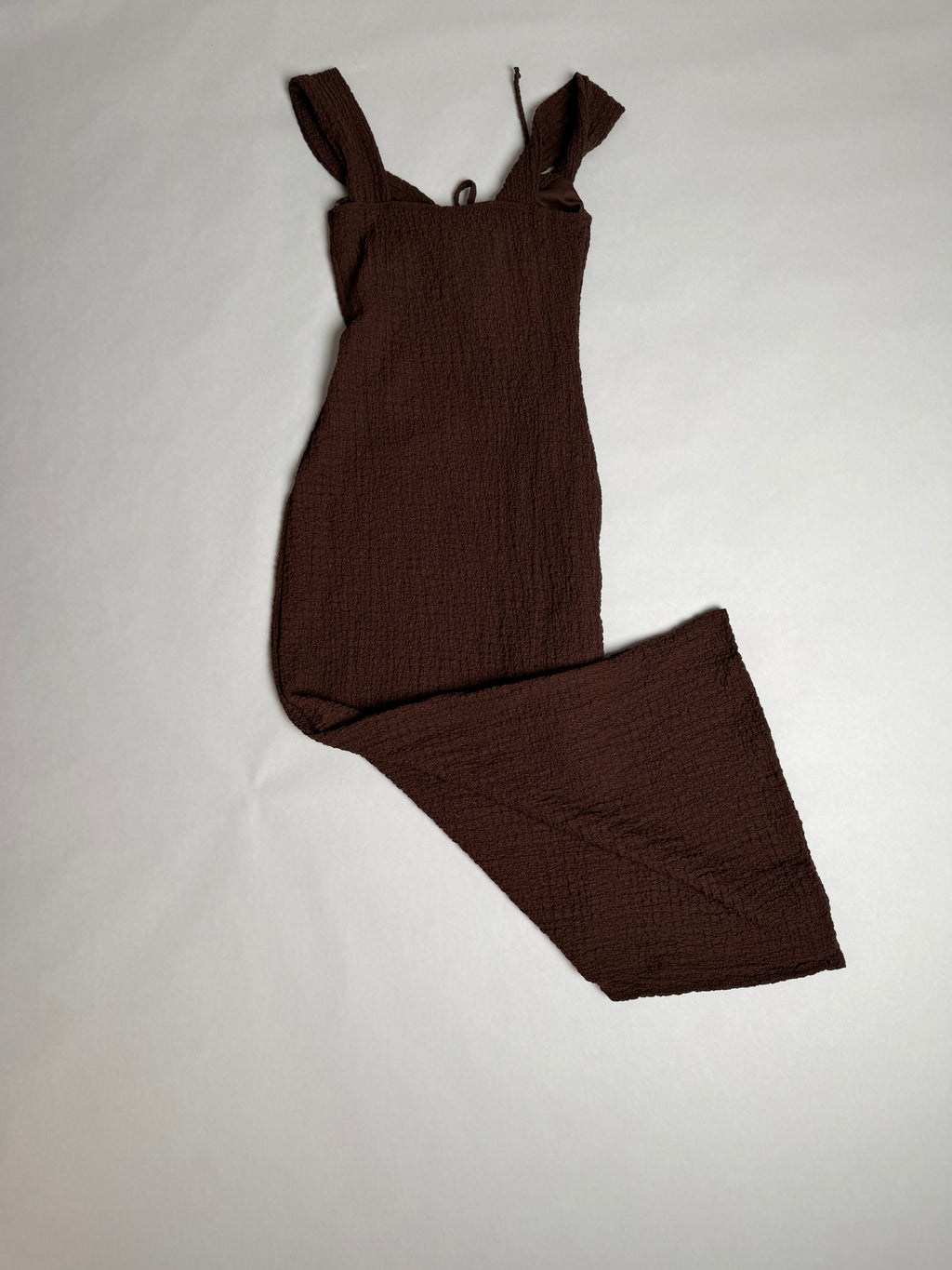 See You Monday chocolate brown smocked bodycon midi dress — side slit