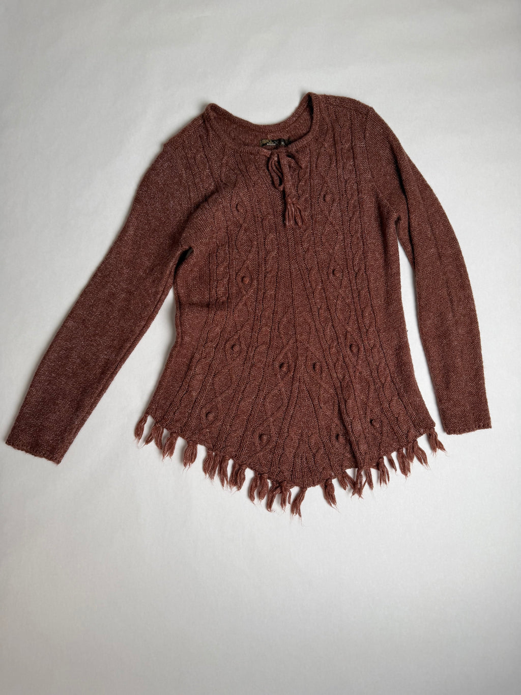 Prana Shelby brown cable-knit fringe sweater — front
