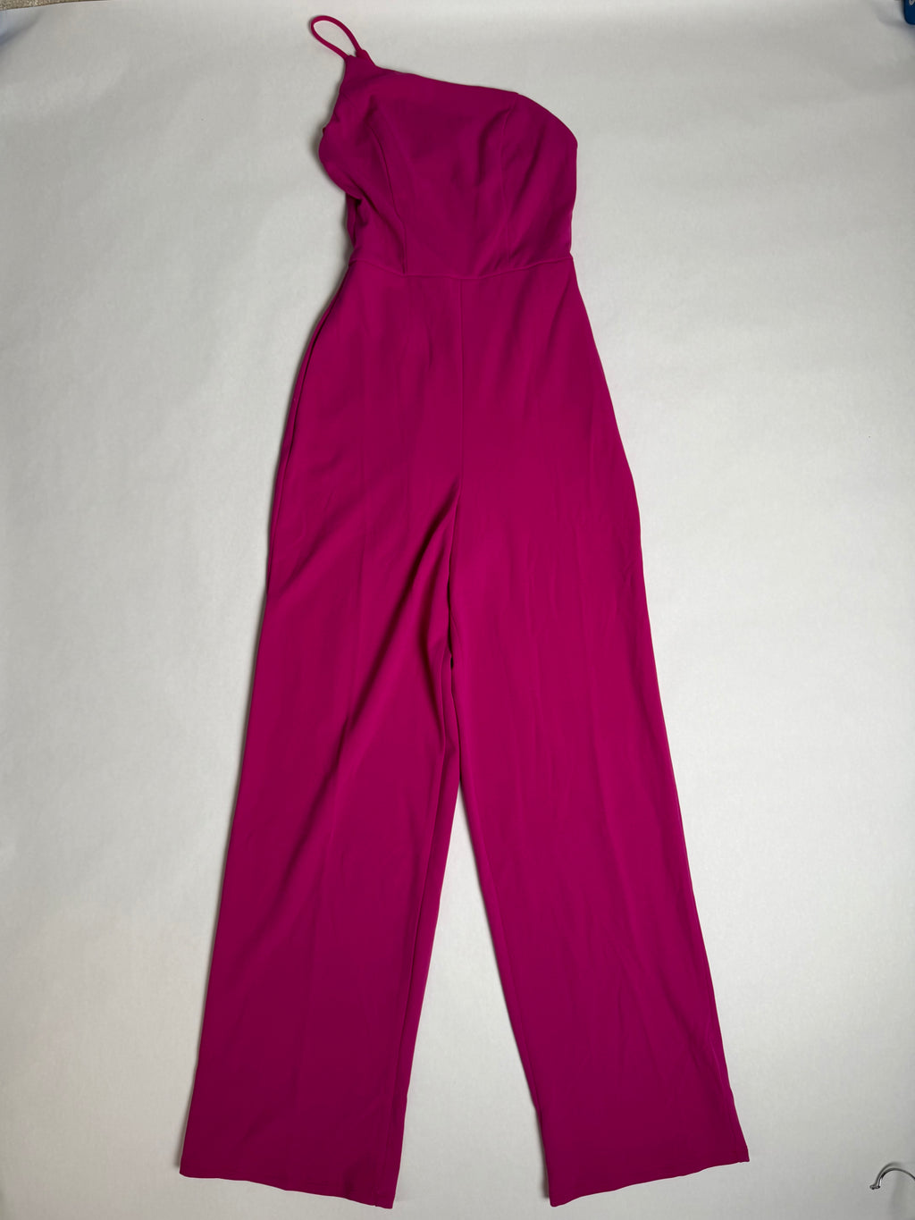 Crystal Sky magenta one-shoulder wide-leg jumpsuit — front