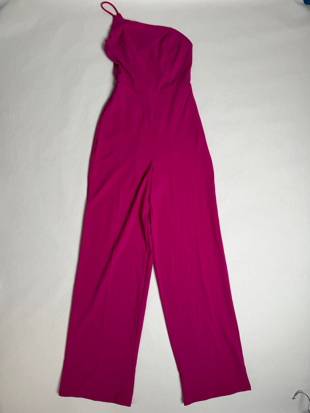 Crystal Sky magenta one-shoulder wide-leg jumpsuit — laid flat