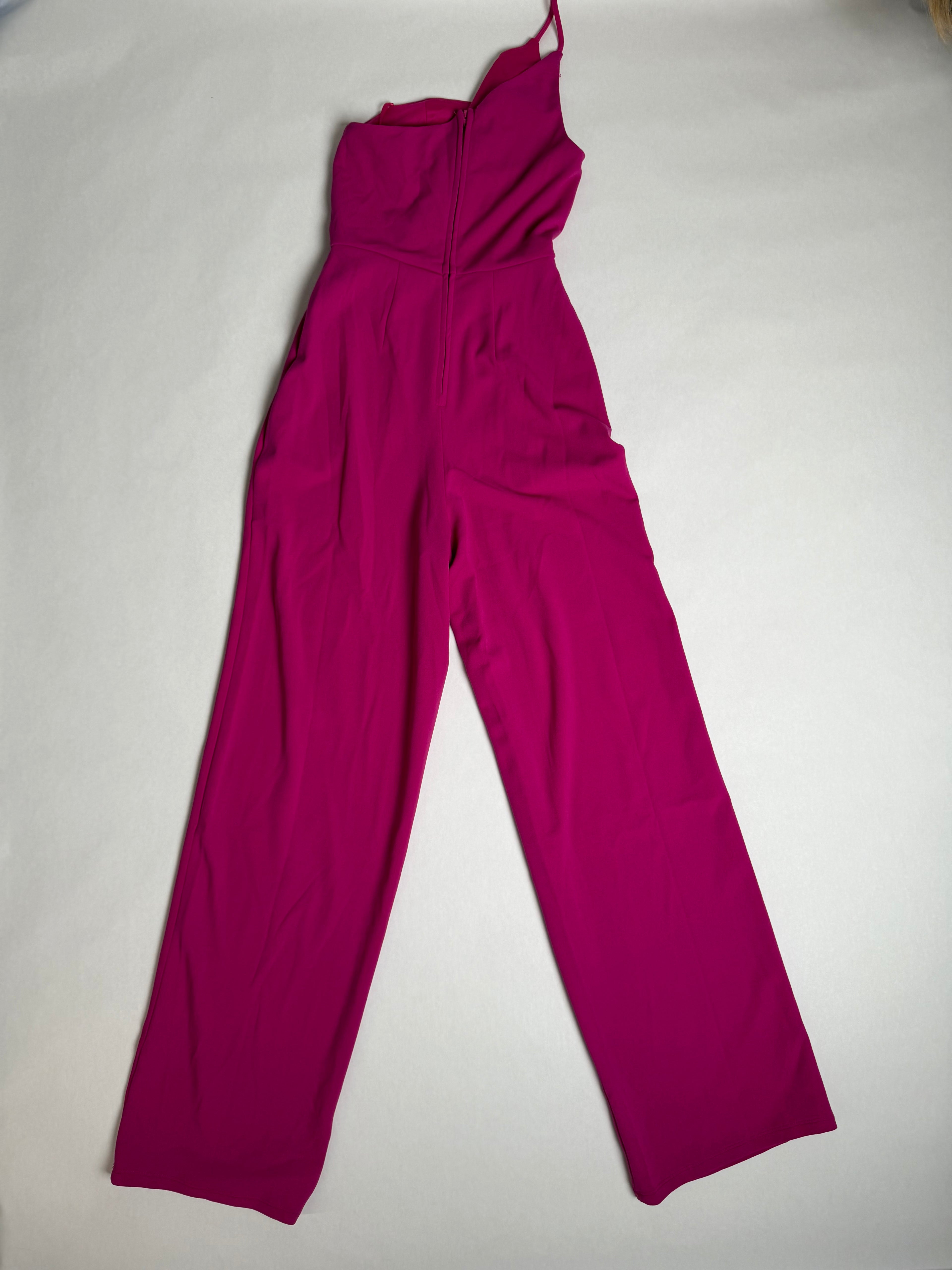 Crystal Sky magenta one-shoulder wide-leg jumpsuit — back zip