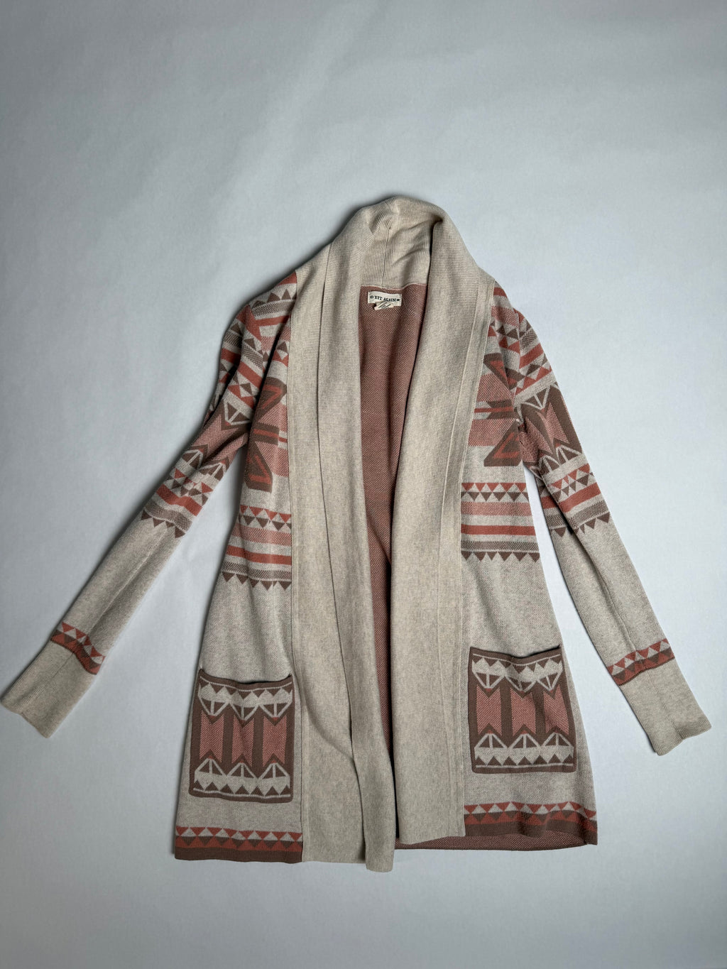 Yet Again oatmeal and rust geometric open duster cardigan — front