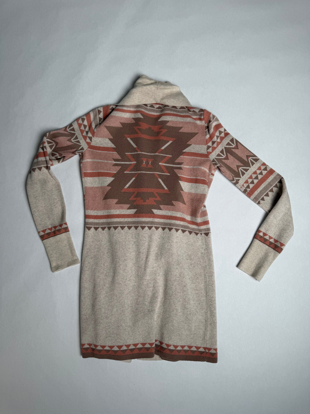 Yet Again oatmeal and rust geometric open duster cardigan — back