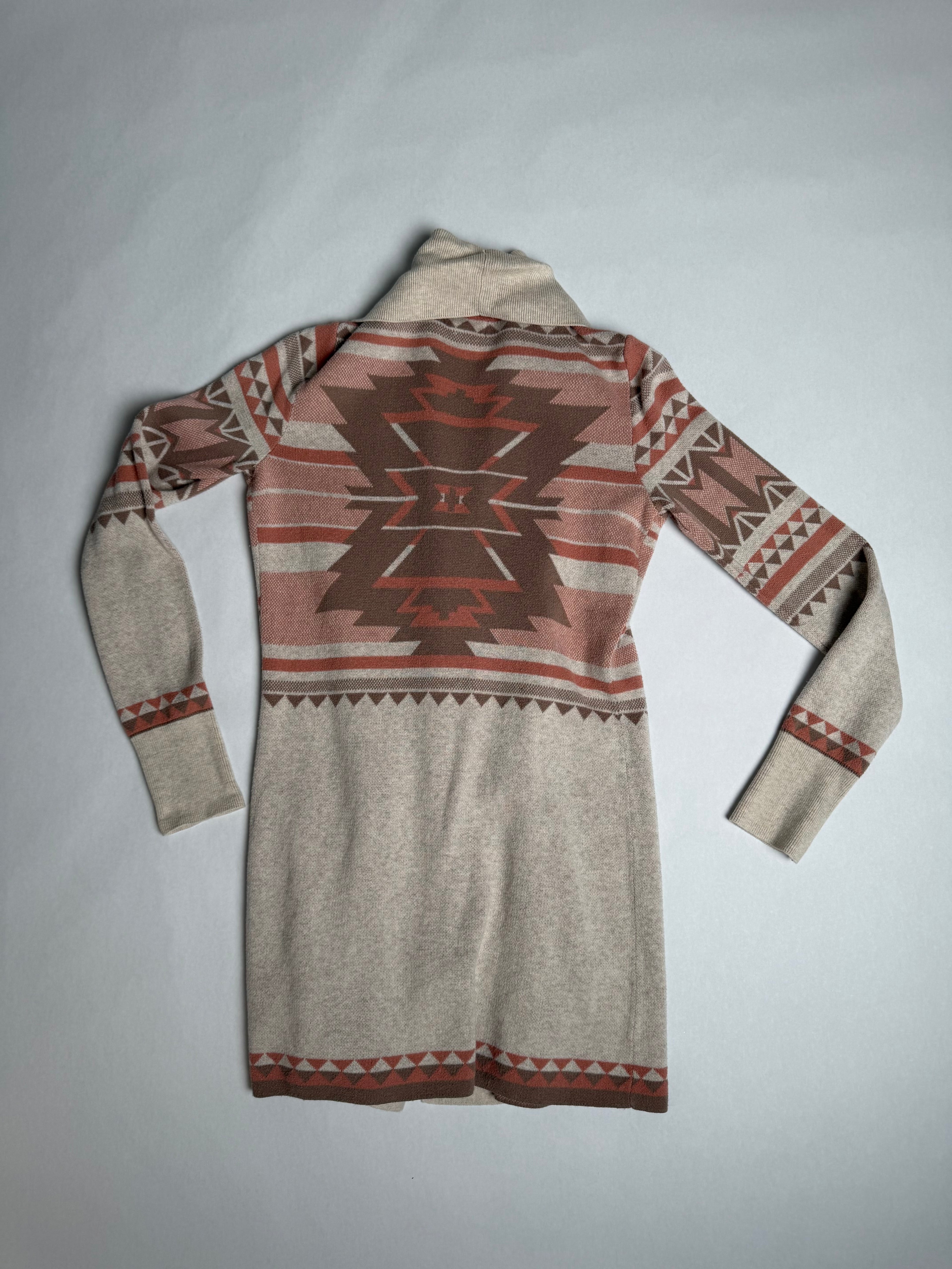 Yet Again oatmeal and rust geometric open duster cardigan — back