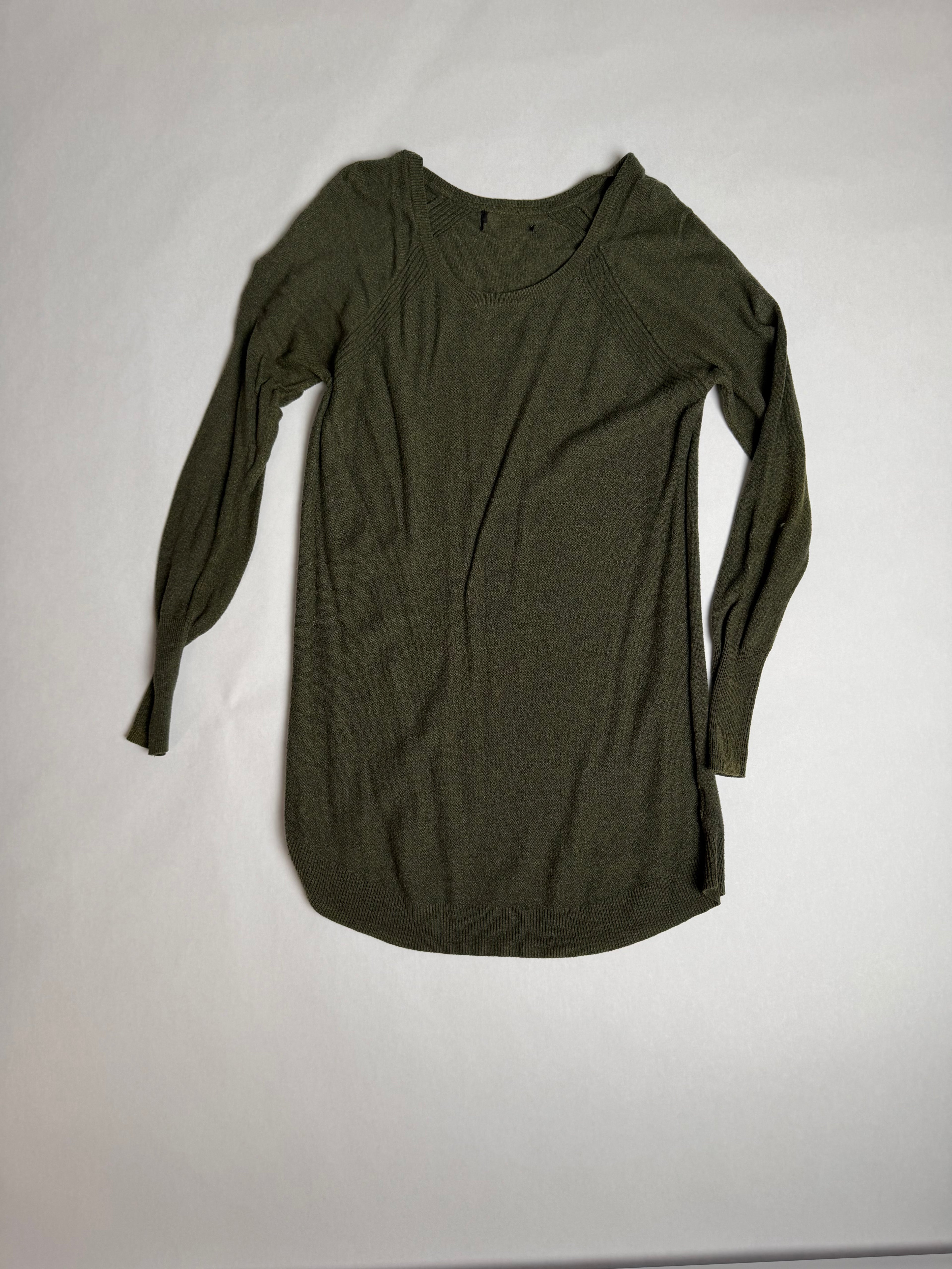 Olive long tunic-length knit pullover — front
