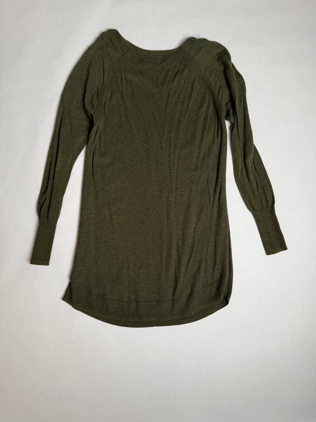 Olive long tunic-length knit pullover — back