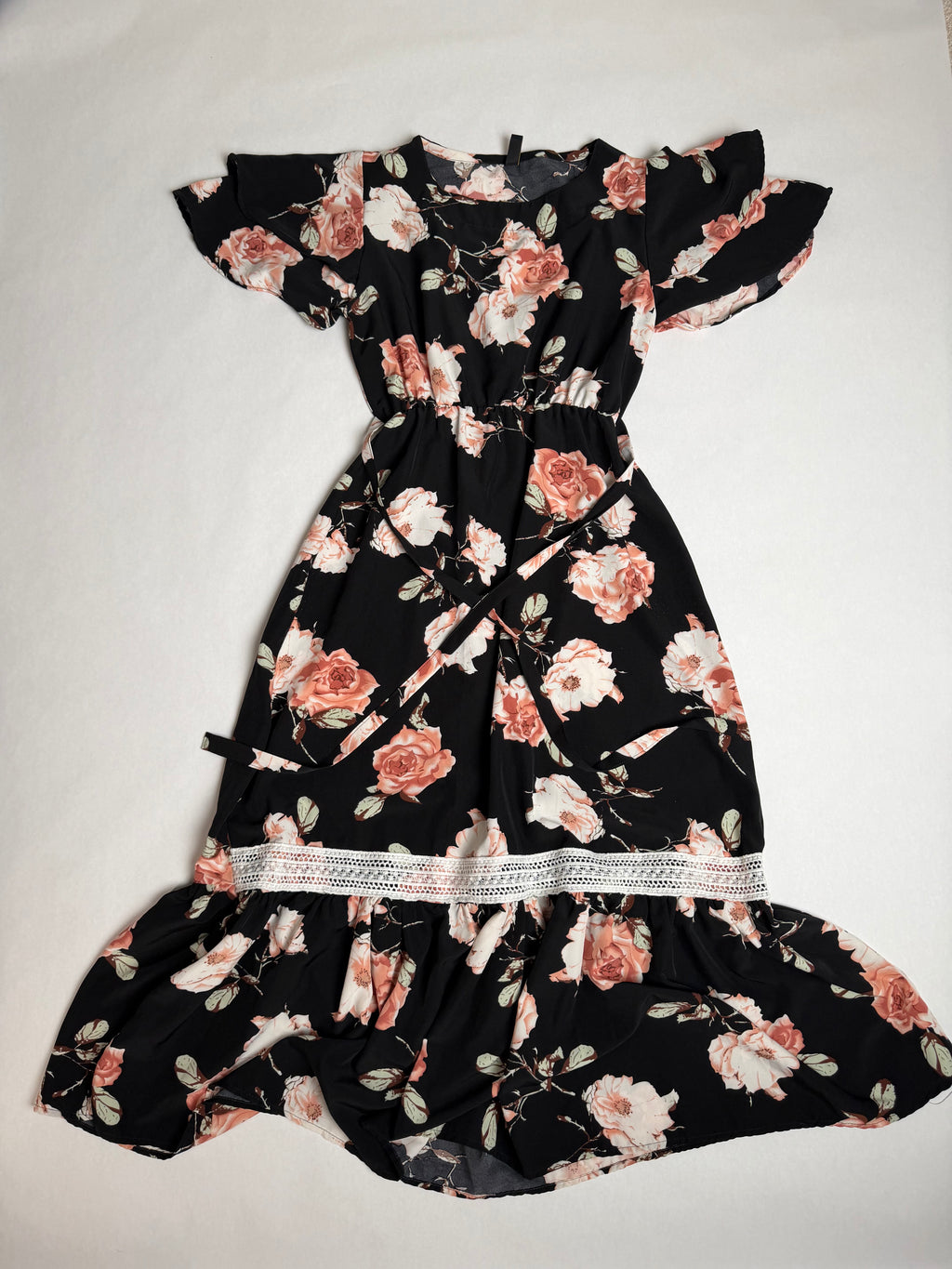 IMX black rose floral ruffle midi dress — laid flat