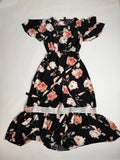 IMX black rose floral ruffle midi dress — laid flat