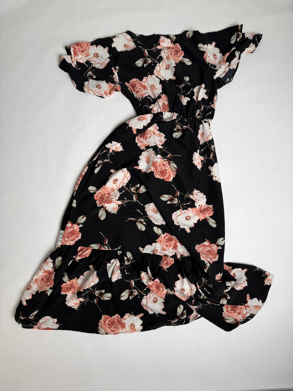 IMX black rose floral ruffle midi dress — neckline and hem detail