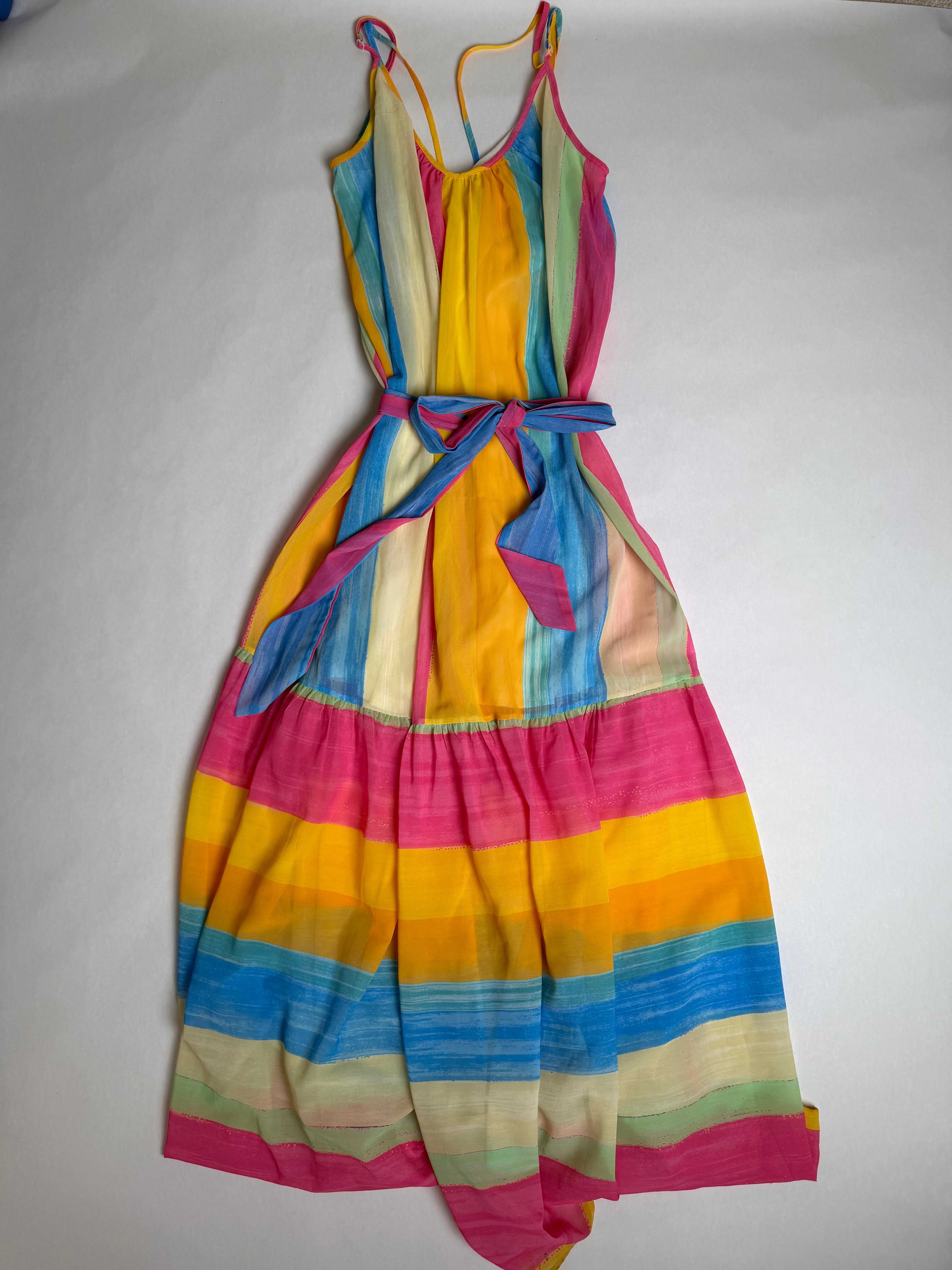 Flying Tomato rainbow stripe tiered maxi dress — front
