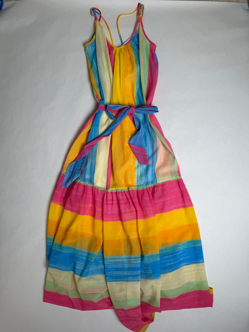 Flying Tomato rainbow stripe tiered maxi dress — front with tie