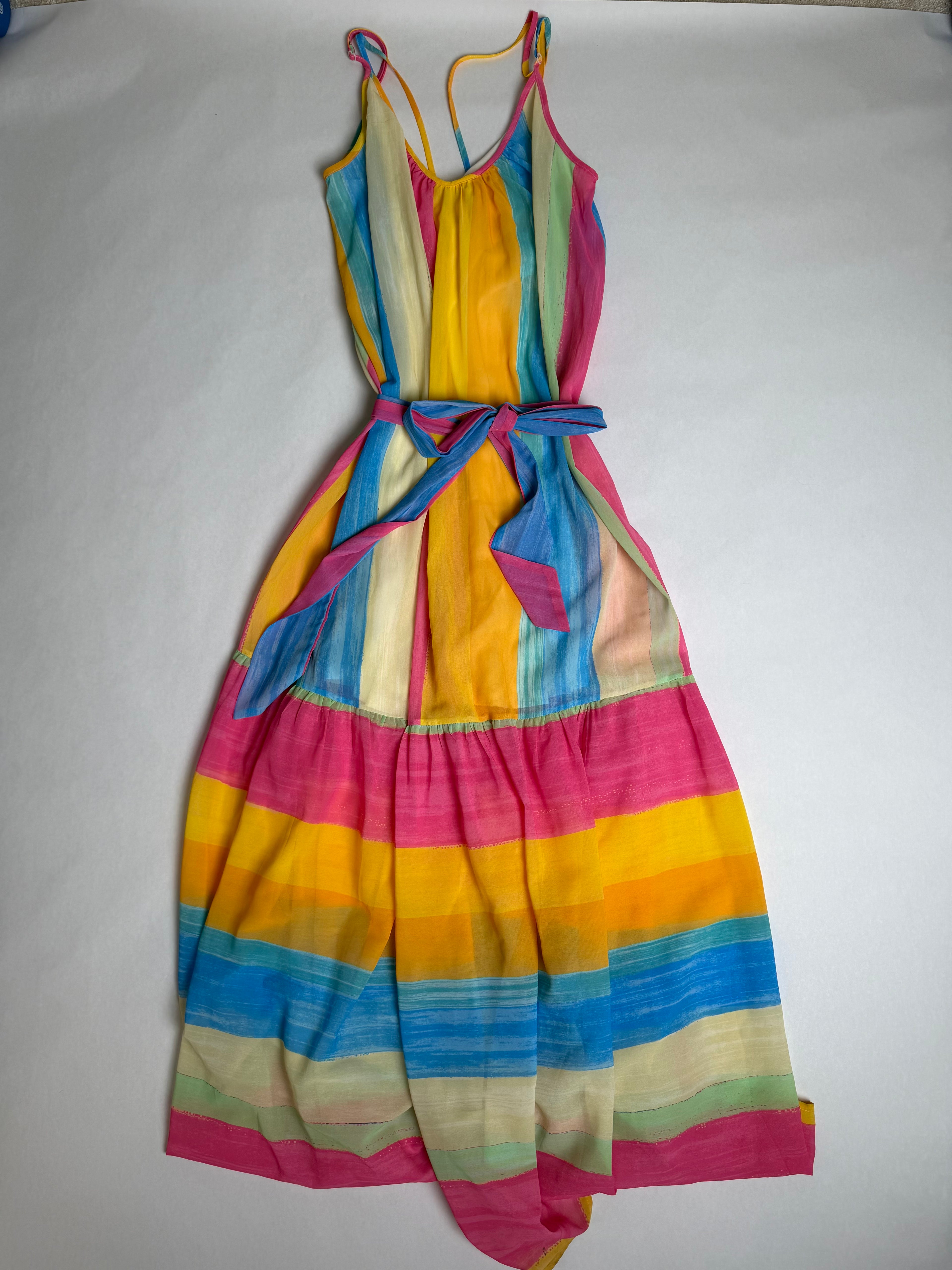 Flying Tomato rainbow stripe tiered maxi dress — front with tie