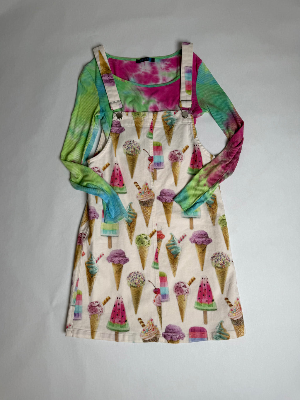 Tweens ice cream and popsicle print denim pinafore dress with tie-dye mesh top — front