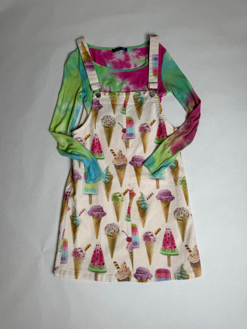 Tweens ice cream and popsicle print denim pinafore dress with tie-dye mesh top — front