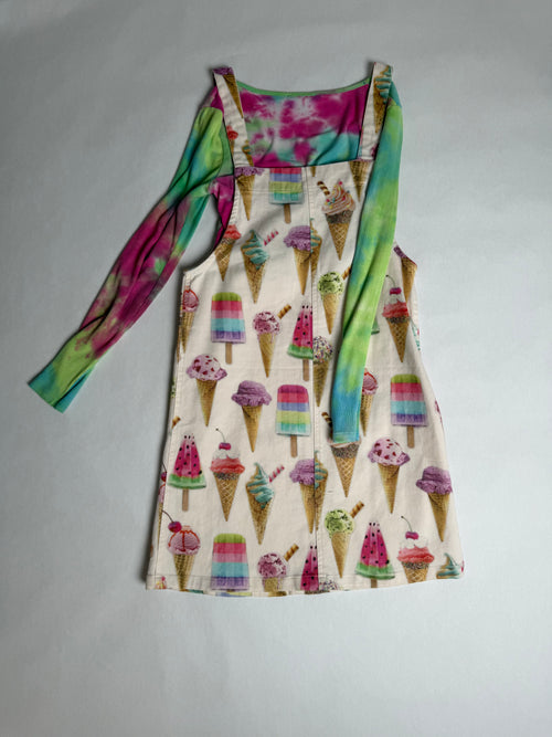 Tweens ice cream and popsicle print denim pinafore dress with tie-dye mesh top — alt