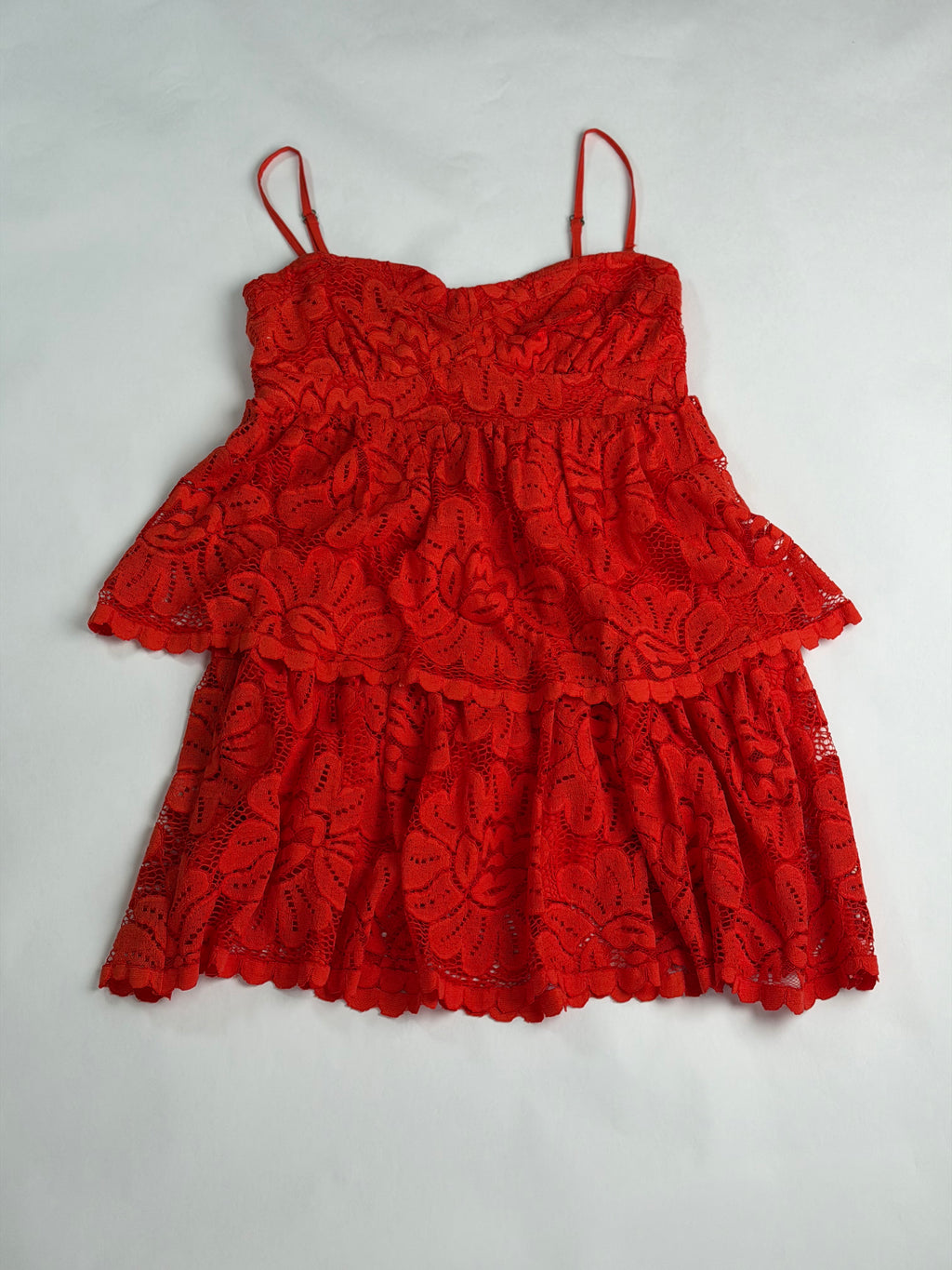 Maeve by Anthropologie Coral Red tiered lace mini dress