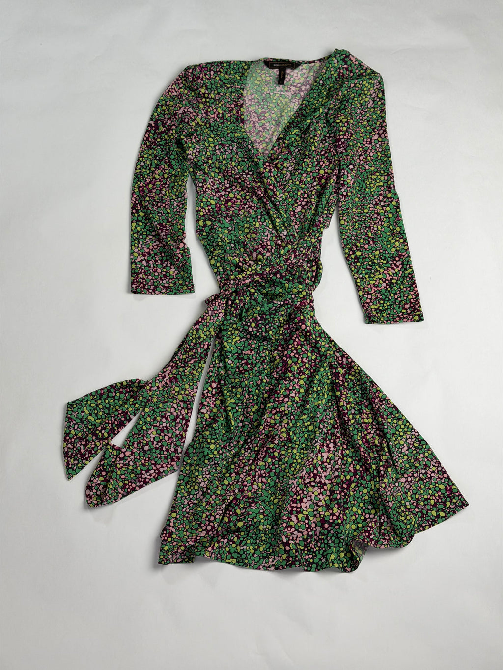 BCBG Maxazria Green + Pink Ditsy Floral silky wrap dress