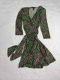 BCBG Maxazria Green + Pink Ditsy Floral silky wrap dress