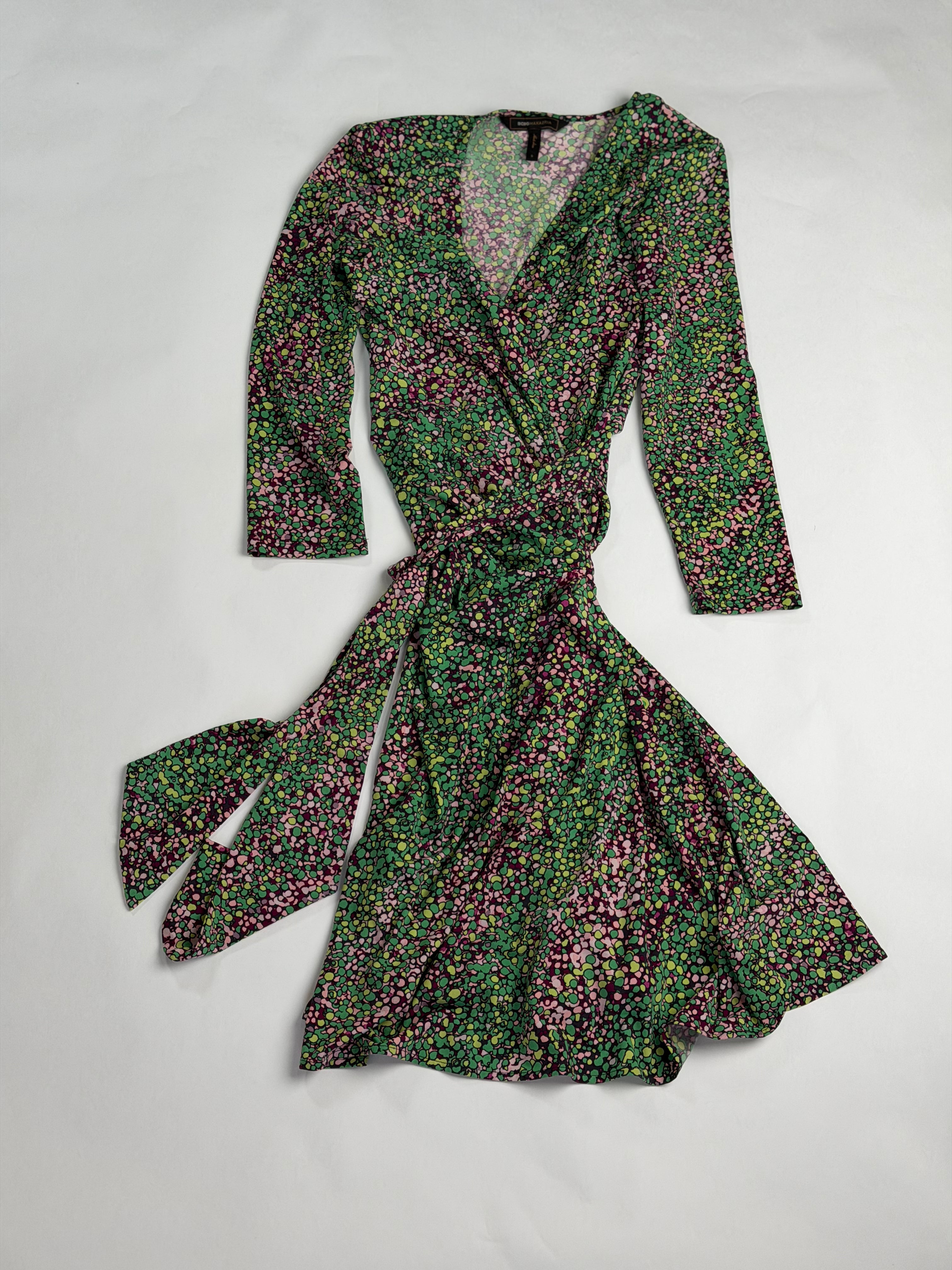BCBG Maxazria Green + Pink Ditsy Floral silky wrap dress