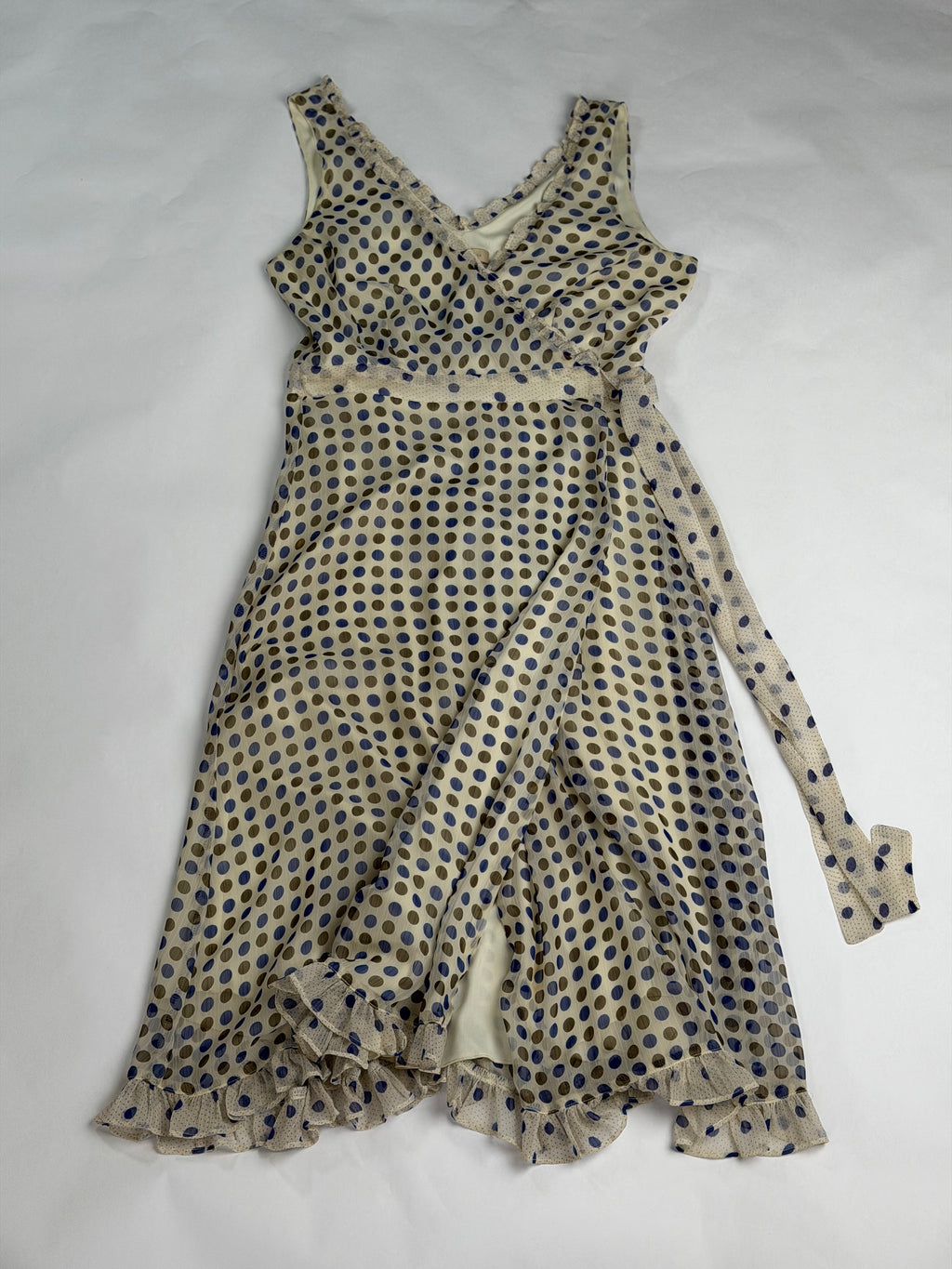 Jonathan Martin Cream + Olive polka dot chiffon midi dress