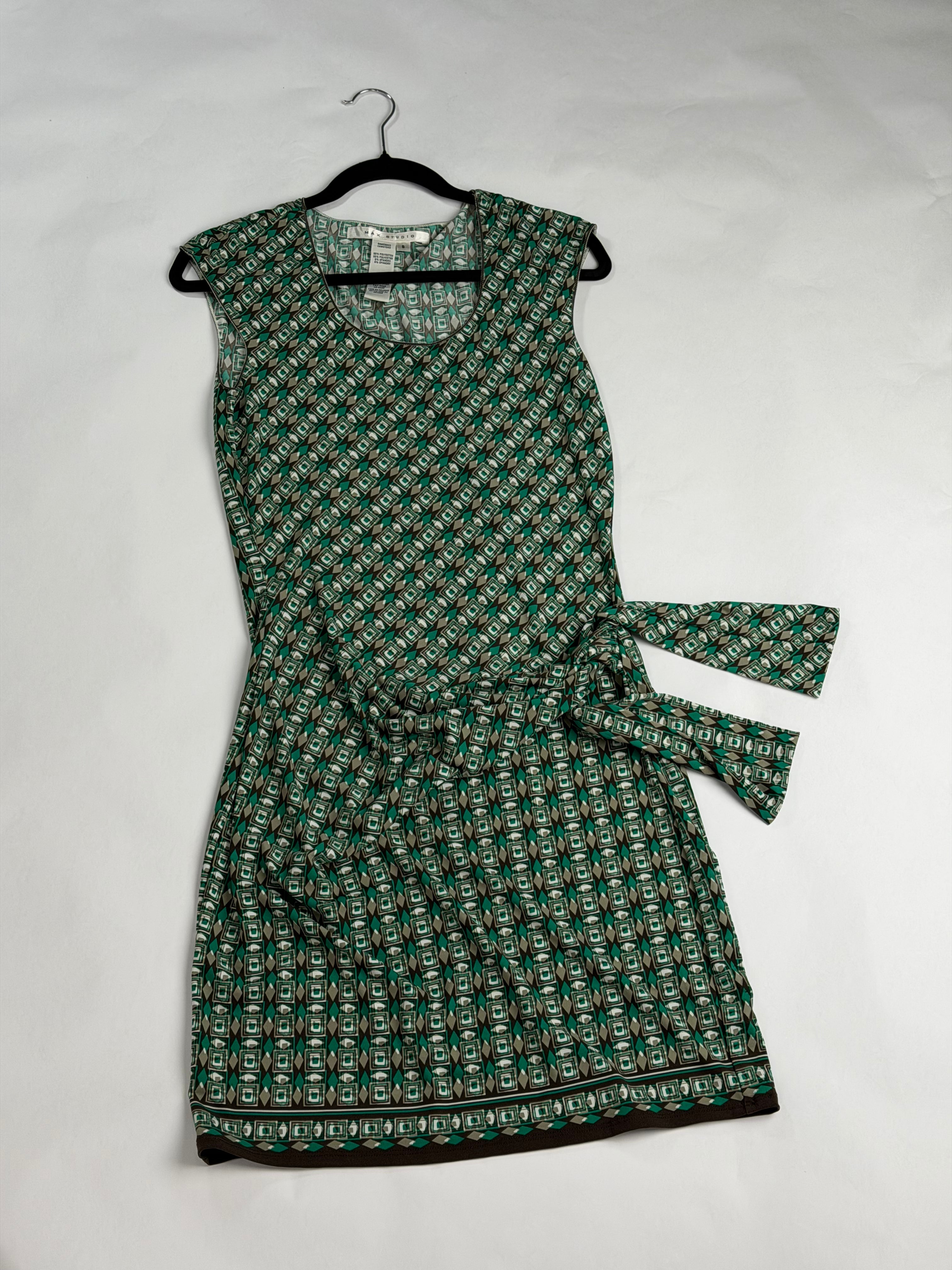 Max Studio Green + Cream + Brown geometric foulard shift dress