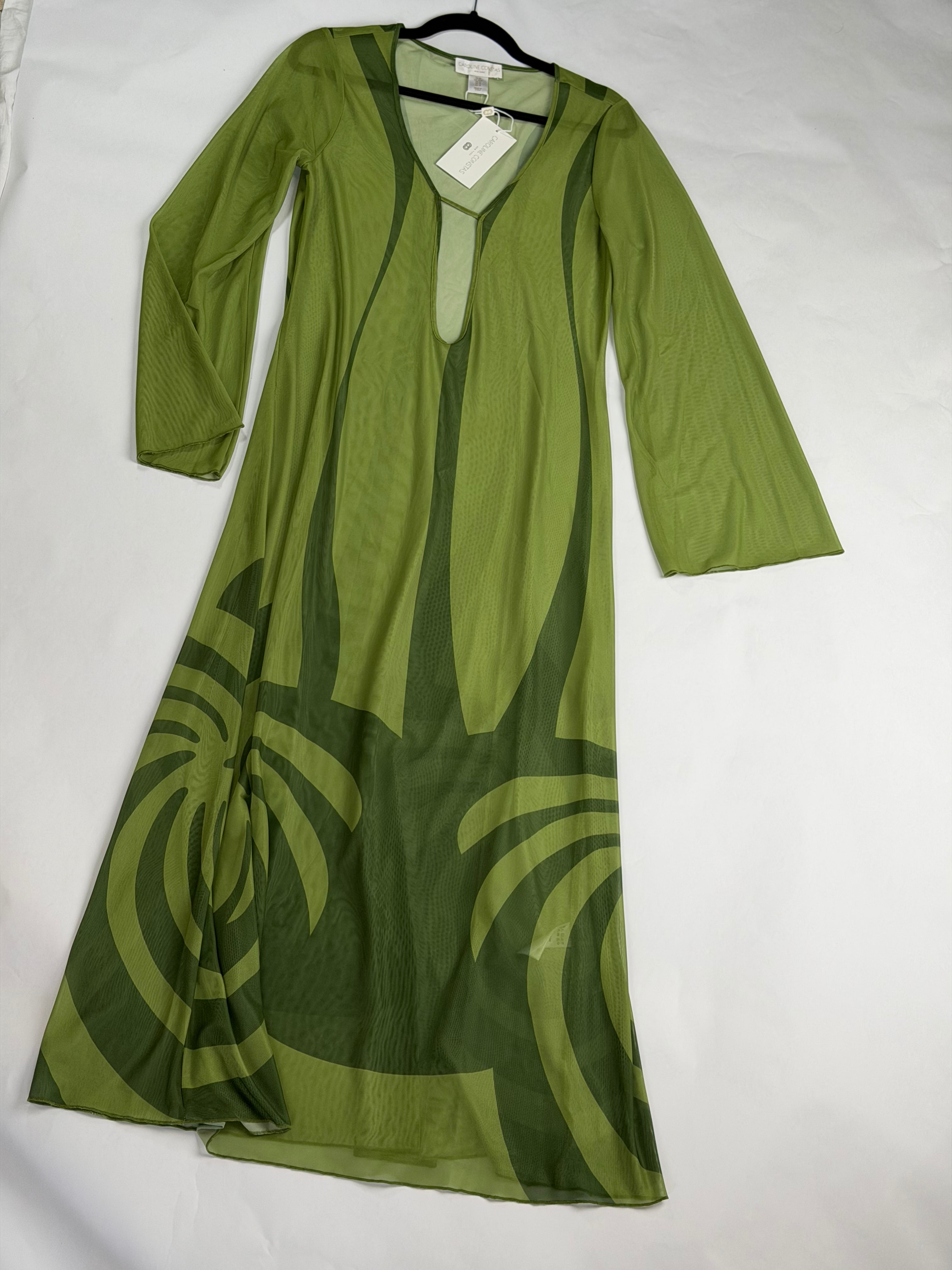 Caroline Constas Olive Green mesh long-sleeve kaftan maxi